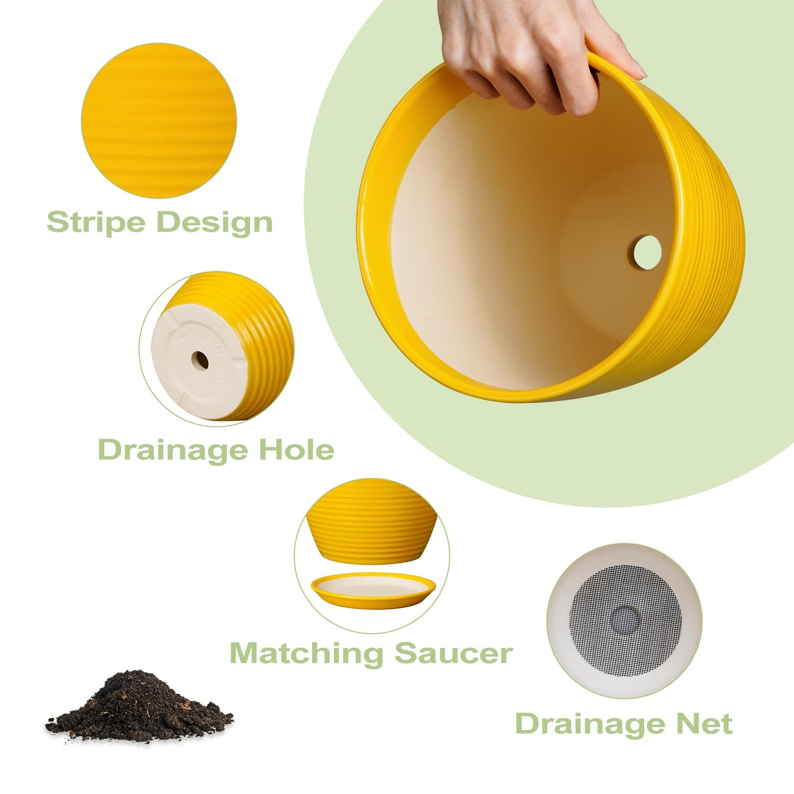EPFamily Ceramic Pots for Plants - 6 Inch Plant Pot for Indoor Plants, Ceramic Planter with Drainage Hole and Saucer, Round Decorative Flower Pots, Desk Home Decor, Plant Lover Gifts, Glossy-Yellow - Image 7
