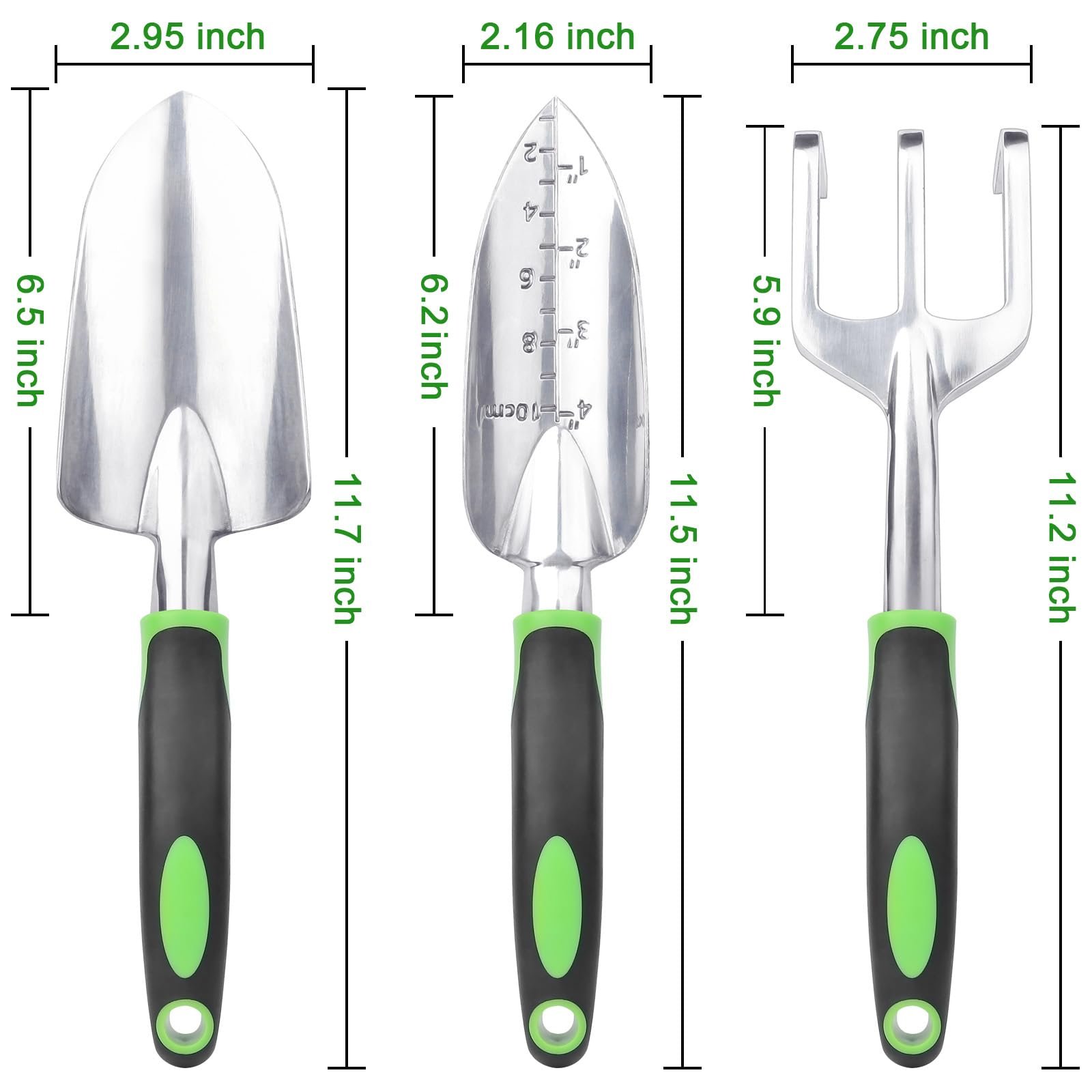 Garden Tools Set, 3 Pack Garden Shovel, Transplant Trowel, Hand Rake Green - Image 2