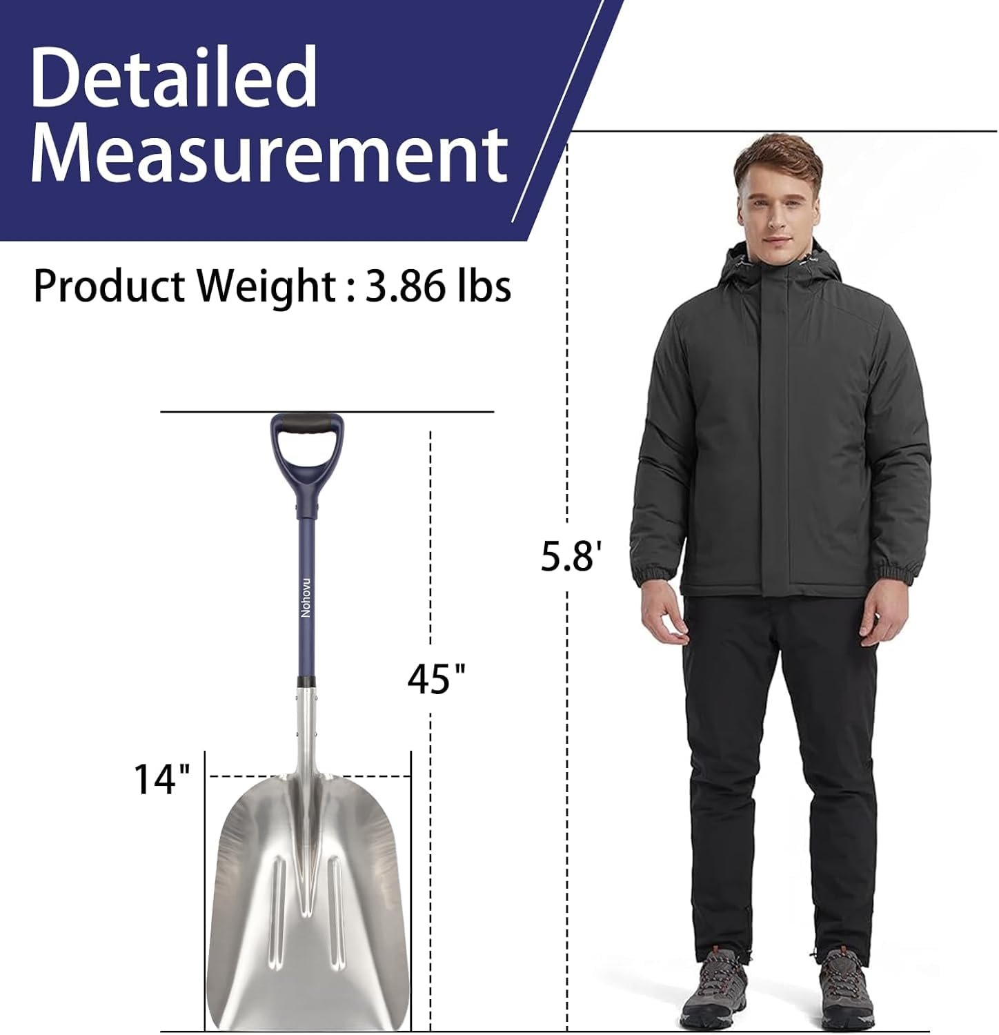 Nohovu Aluminum Snow Shovel - Large Capacity Driveway Snow Removal Tool, Fiberglass D-Handle, 45 Inch Blade - Image 7