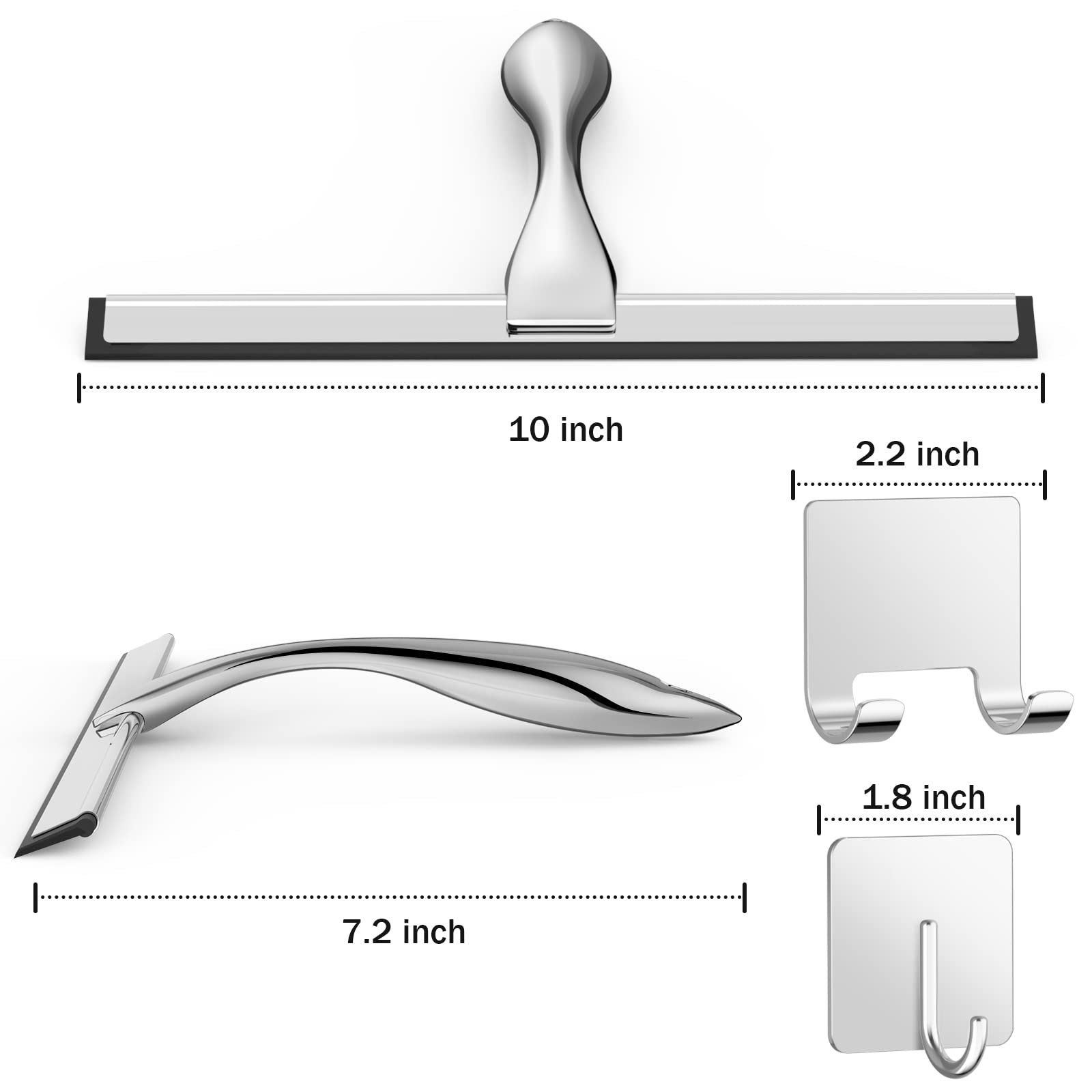 All-Purpose Stainless Steel Shower Squeegee for Shower Glass Door with 2 Adhesive Hooks, Bathroom Cleaner Tool Household Window Mirror Squeegee , Cleaning Tile Wall, Car, 10 Inch Silver - Image 2