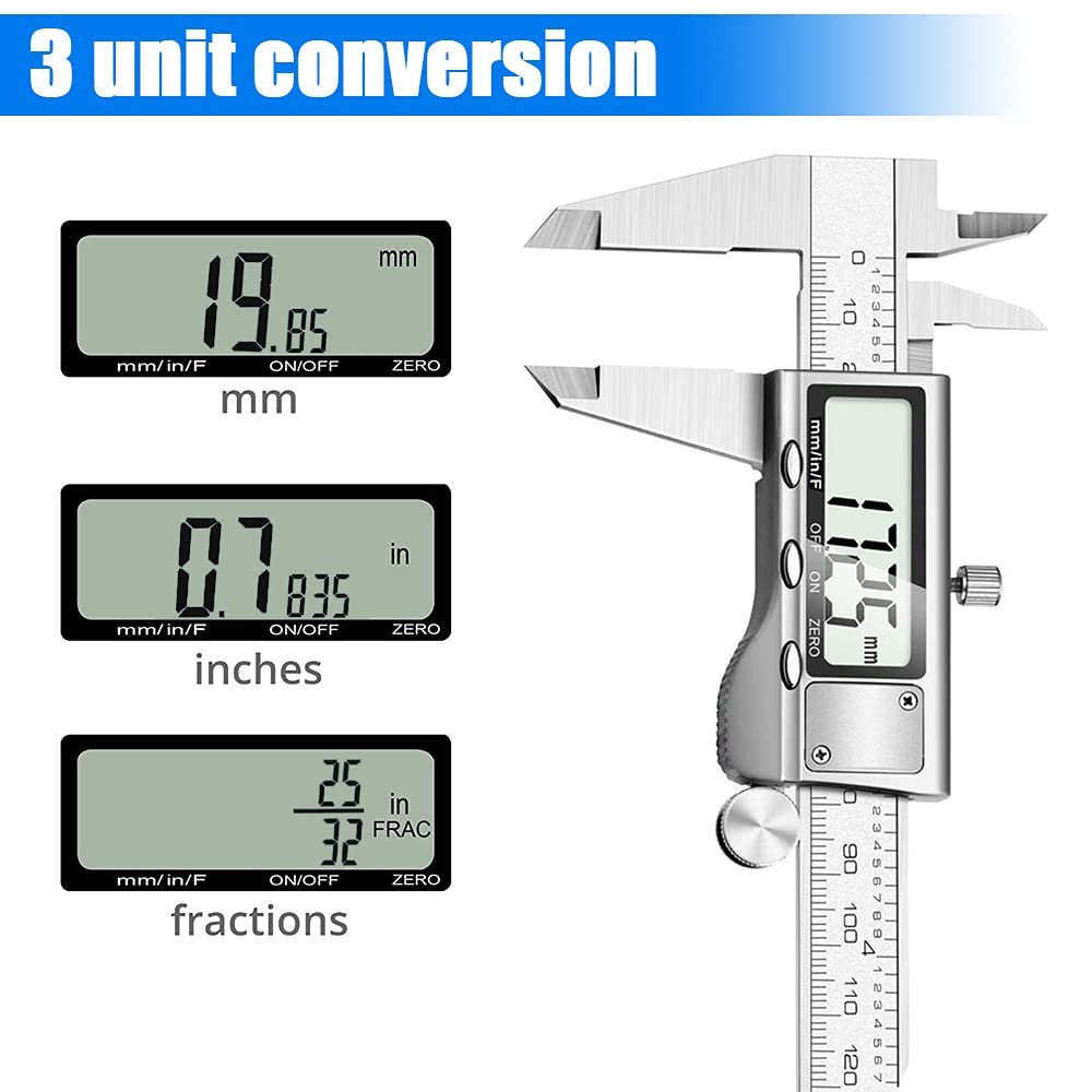 Digital Caliper Measuring Tool, Stainless Steel Vernier Caliper Digital Micrometer with Large LCD Screen, Easy Switch from Inch Metric Fraction, 6 Inch Caliper Tool for DIY/Household - Image 3