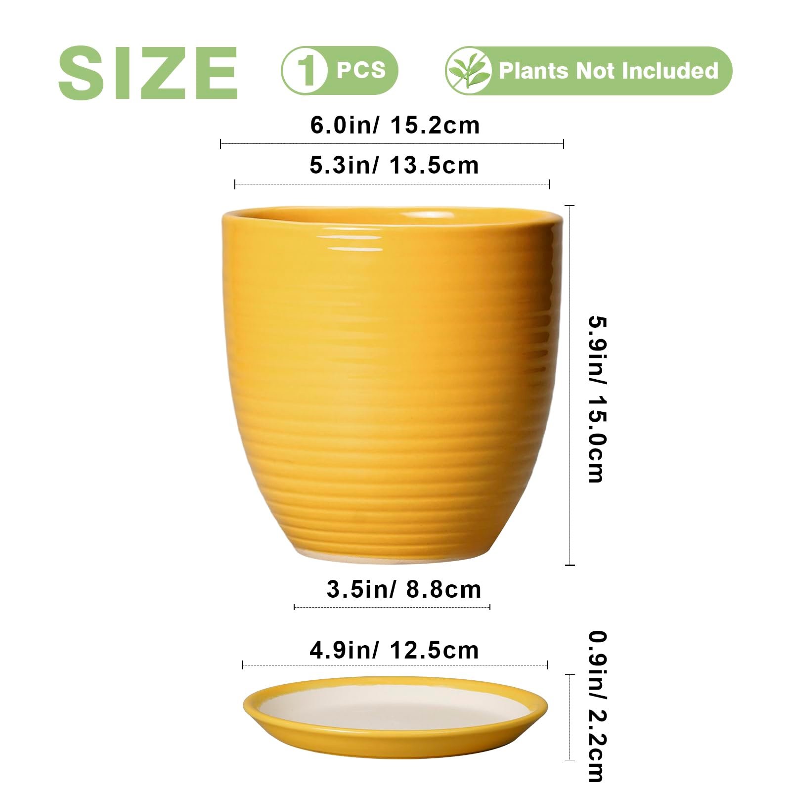 EPFamily Ceramic Pots for Plants - 6 Inch Plant Pot for Indoor Plants, Ceramic Planter with Drainage Hole and Saucer, Round Decorative Flower Pots, Desk Home Decor, Plant Lover Gifts, Glossy-Yellow - Image 2