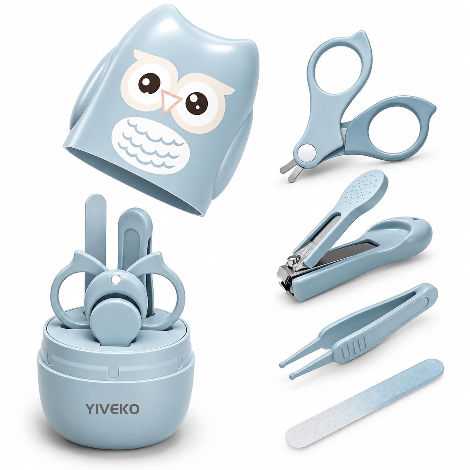 YIVEKO Baby Nail Kit, 4-in-1 Baby Nail Care Set with Cute Case, Baby Nail Clipper, Scissor, Nail File & Tweezer, Baby Manicure Kit and Pedicure kit for Newborn, Infant, Toddler, Kids-Owl Blue