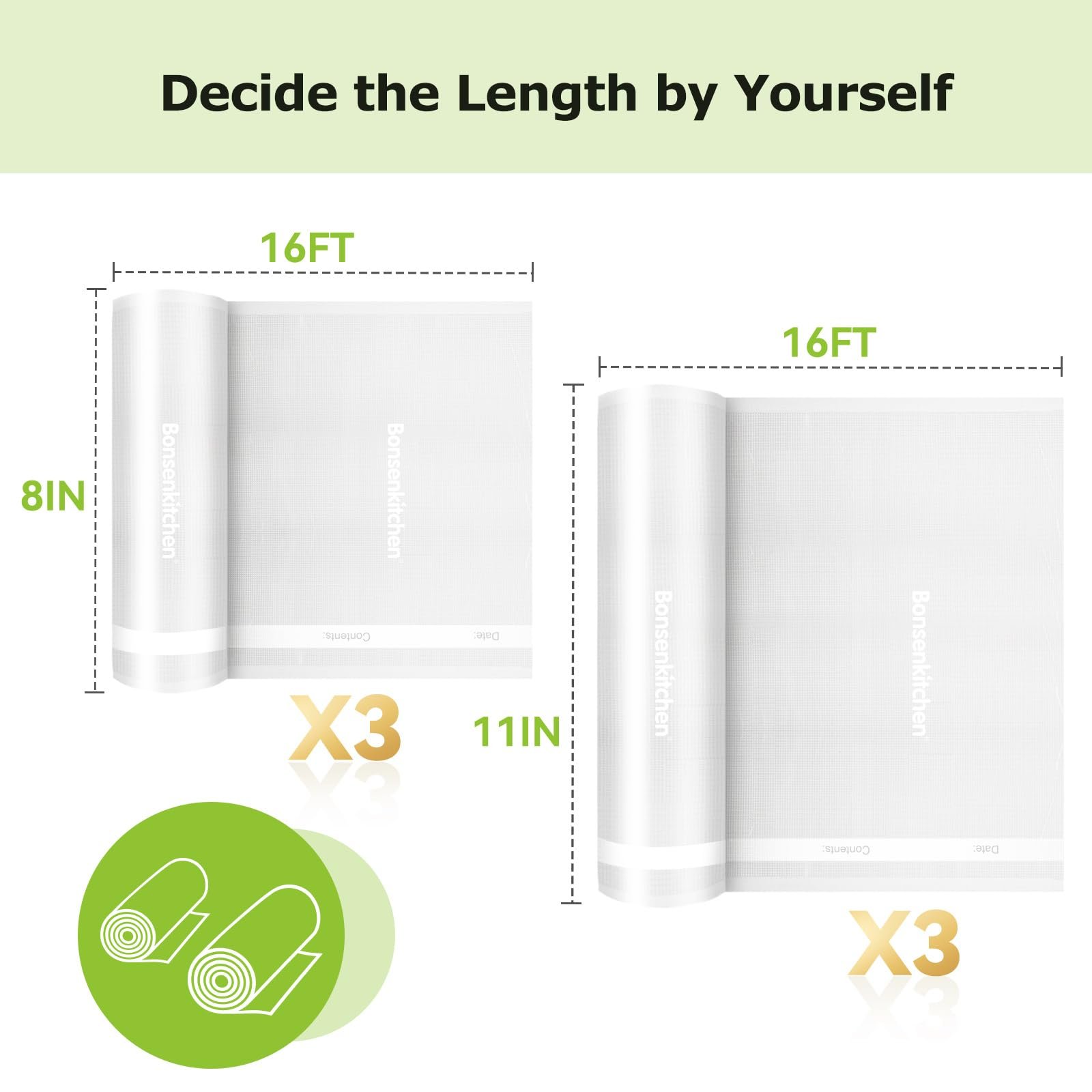 Bonsenkitchen Vacuum Sealer Rolls Bags, 3 Rolls 11"x 16' + 3 Rolls 8"x 16' - Image 4