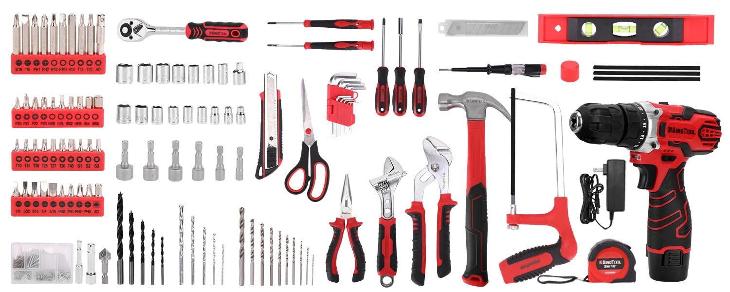 KingTool 276-Piece Tool Set Kit with 12V Cordless Power Drill (Red Black) - Image 5