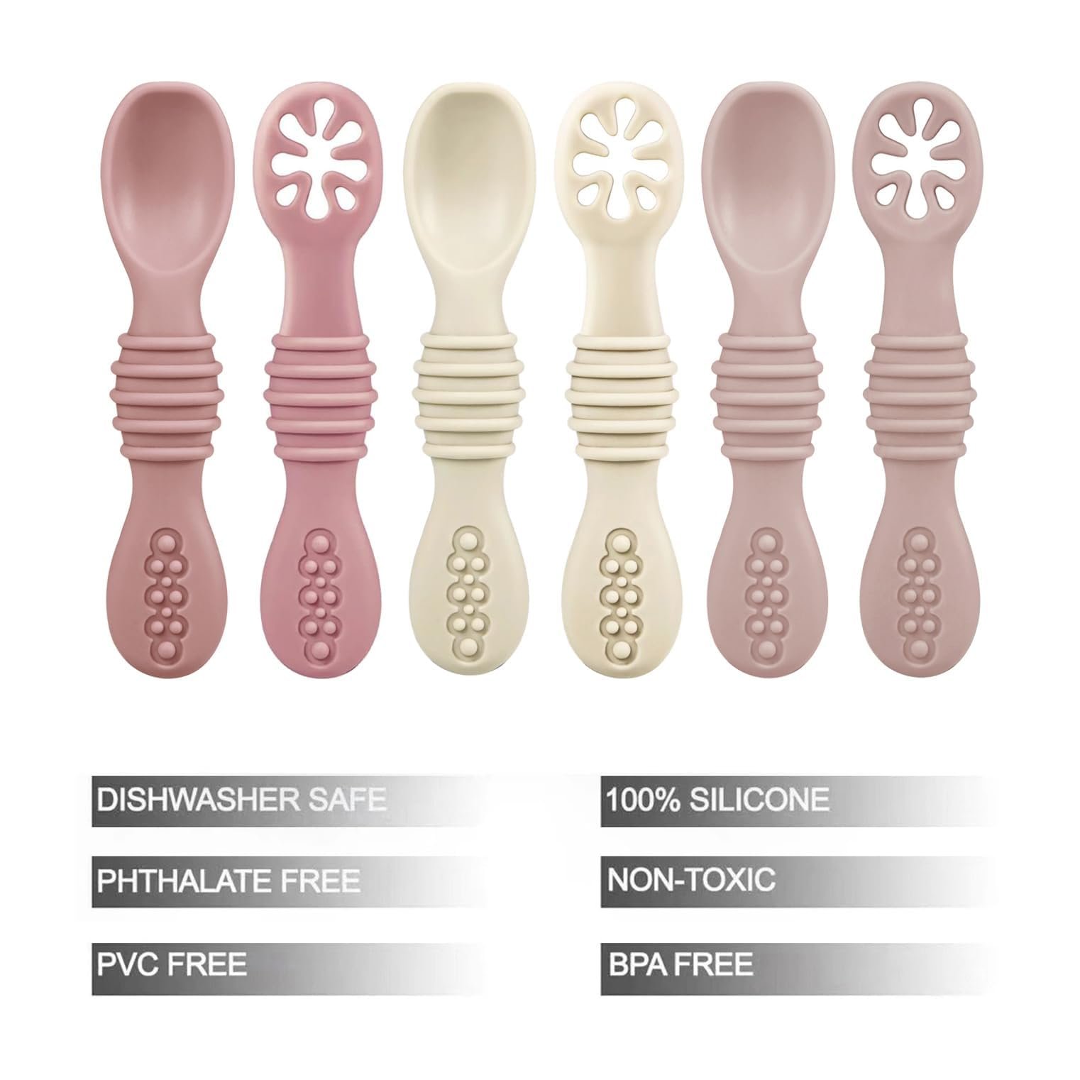 PandaEar 6-Pack Silicone Baby Spoons, 6+ Months, Pink Light Pink Beige - Image 5