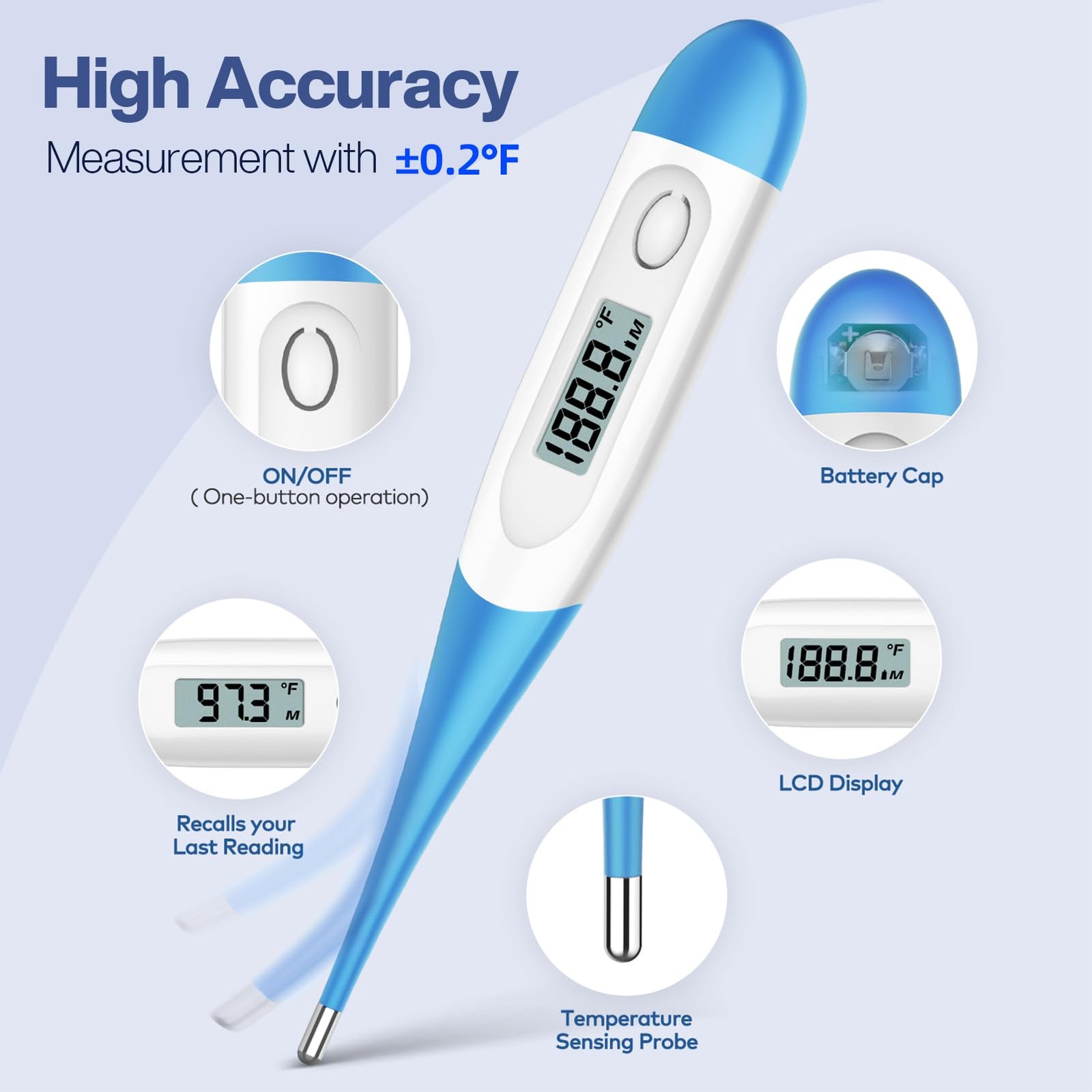 Boncare 10 Seconds Oral Thermometer for Adults and Kids, Light Blue - Image 3