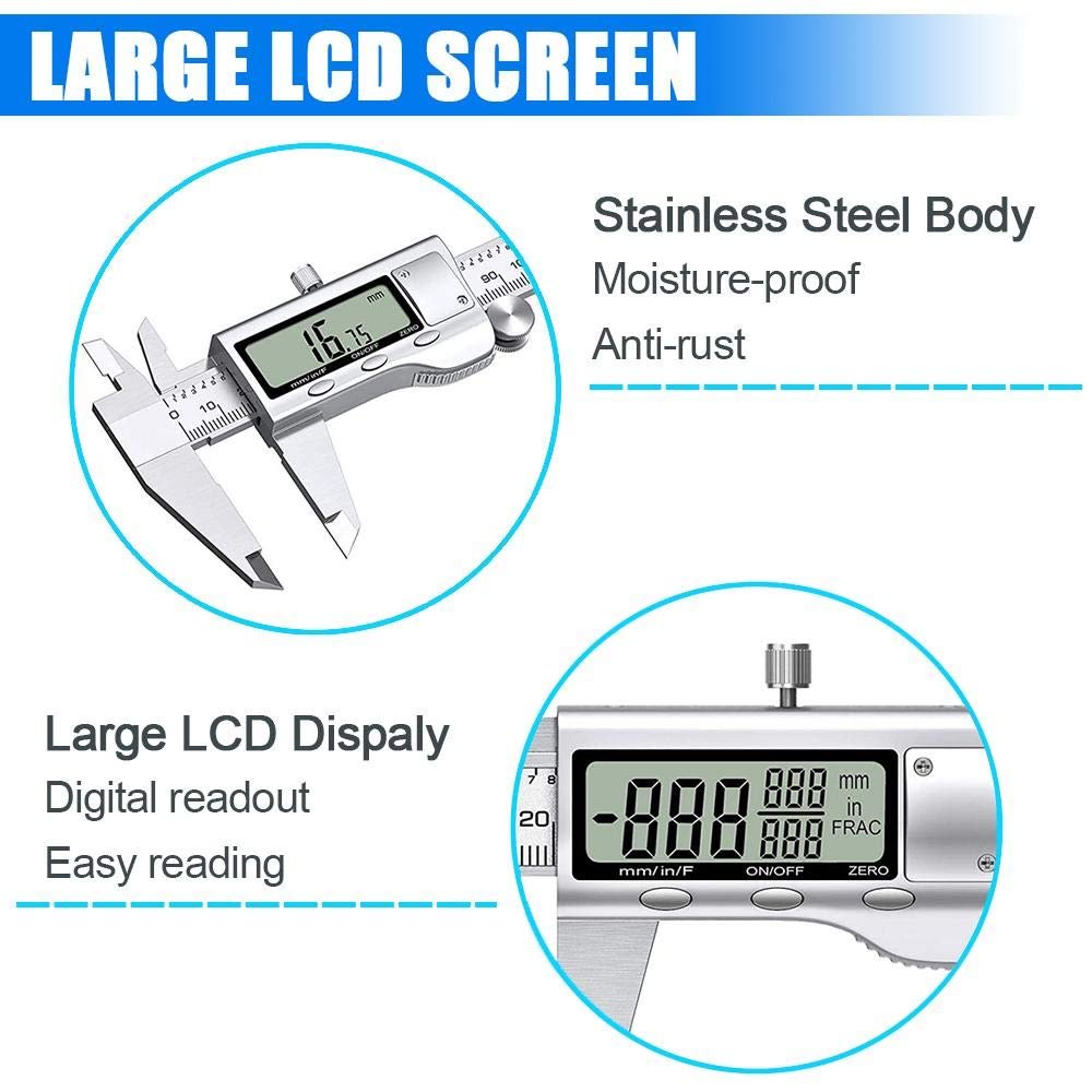 Digital Caliper Measuring Tool, Stainless Steel Vernier Caliper Digital Micrometer with Large LCD Screen, Easy Switch from Inch Metric Fraction, 6 Inch Caliper Tool for DIY/Household - Image 6