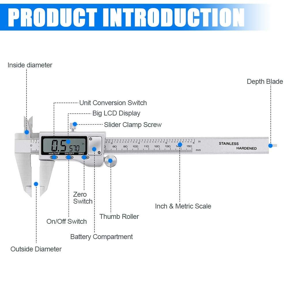 Digital Caliper Measuring Tool, Stainless Steel Vernier Caliper Digital Micrometer with Large LCD Screen, Easy Switch from Inch Metric Fraction, 6 Inch Caliper Tool for DIY/Household - Image 7