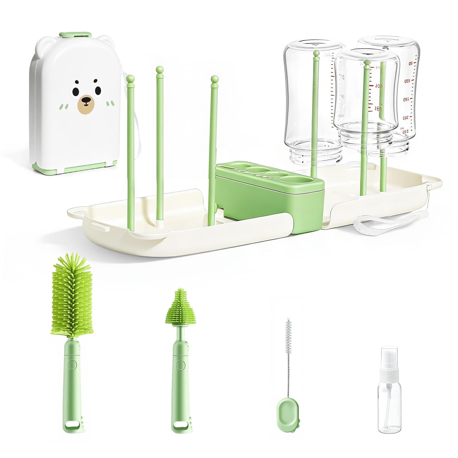 LEQXGO Travel Baby Bottle Cleaner Kit with Storage Case, 7-in-1 Baby Bottle Brush Set with Drying Rack for Breast Pump Parts, Bottle Washing Kit - Baby Travel Essential for Flying & On-the-Go (Green)