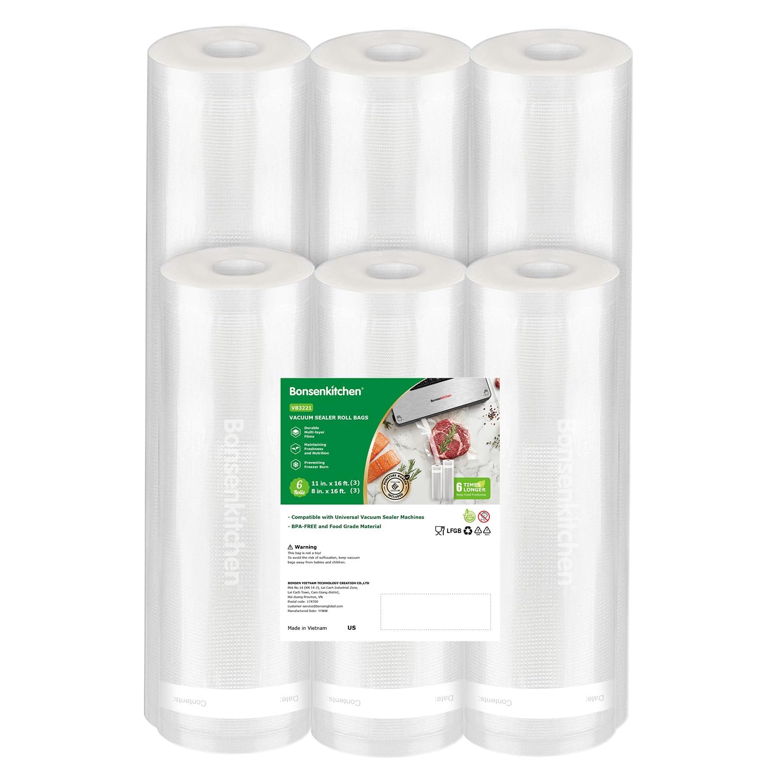 Bonsenkitchen Vacuum Sealer Rolls Bags, 3 Rolls 11"x 16' + 3 Rolls 8"x 16'