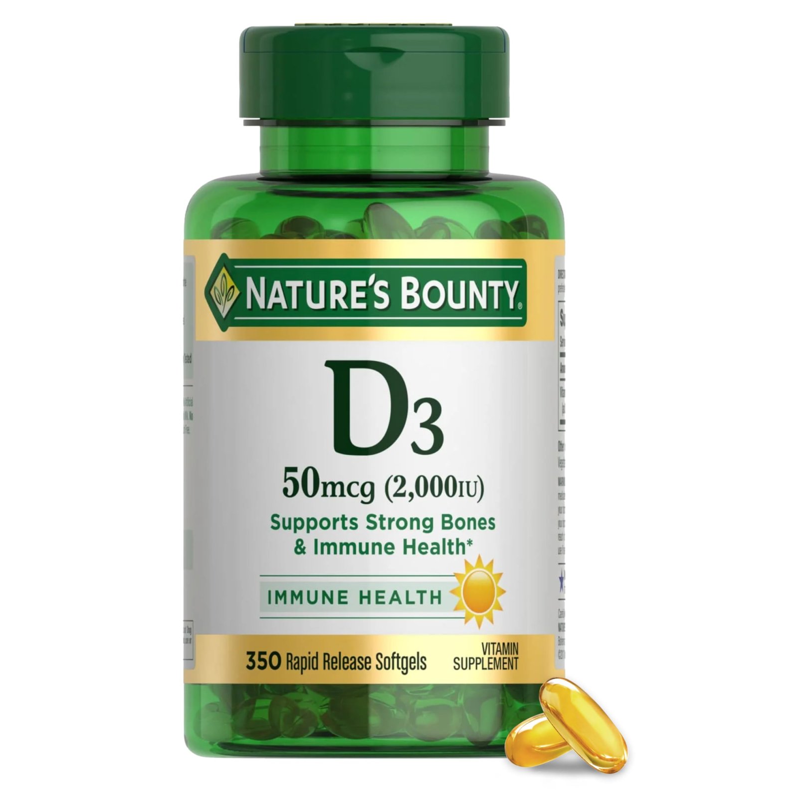 Nature's Bounty Vitamin D3 2000 IU Essential for Healthy Bones 350 Softgels