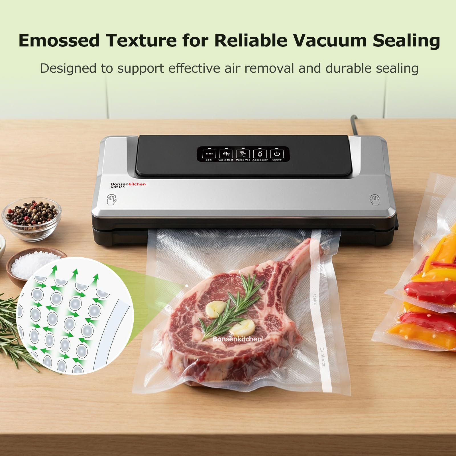 Bonsenkitchen Vacuum Sealer Rolls Bags, 3 Rolls 11"x 16' + 3 Rolls 8"x 16' - Image 2