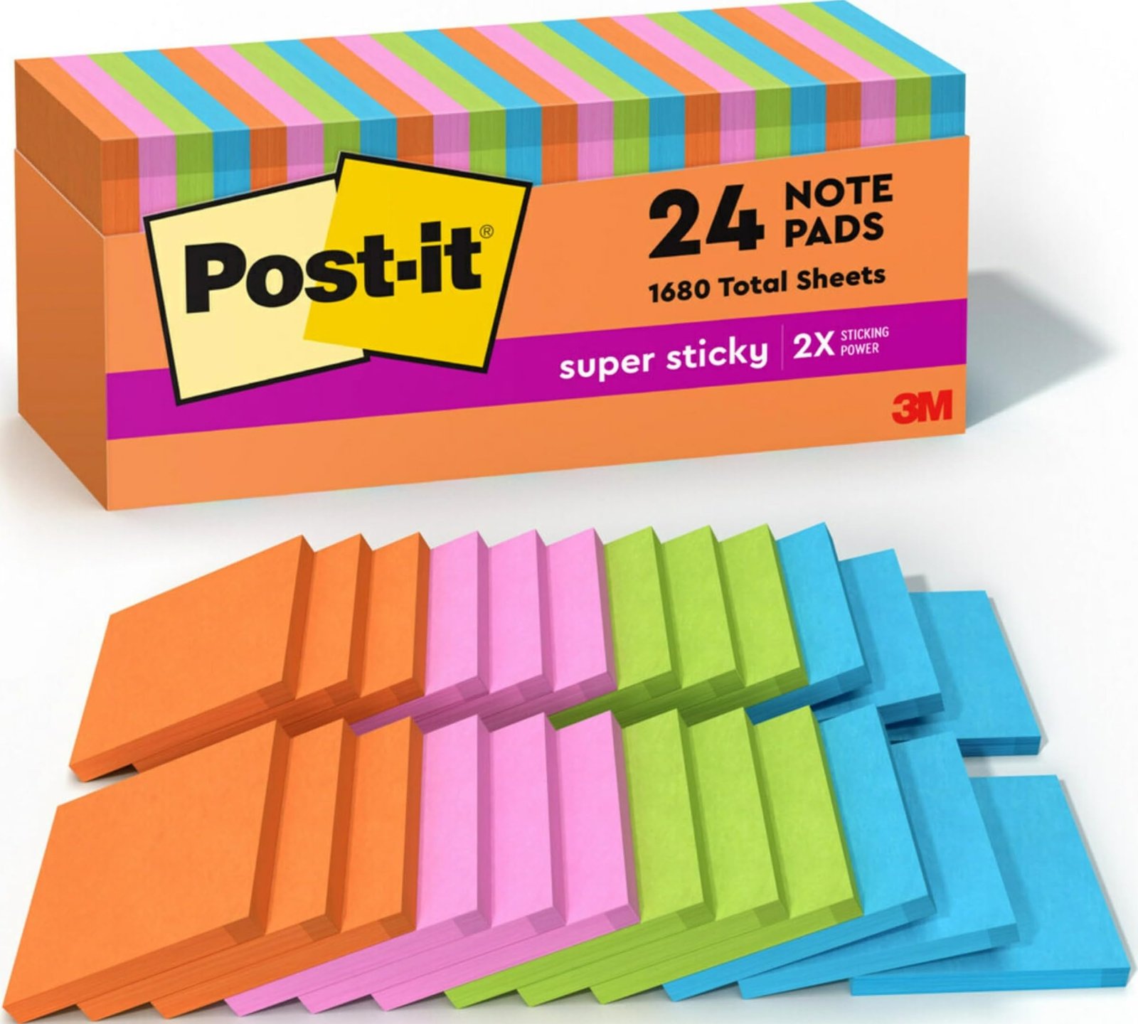 Post-it Super Sticky Notes, 3 x 3 in., Neon Fizz, 24 Pads
