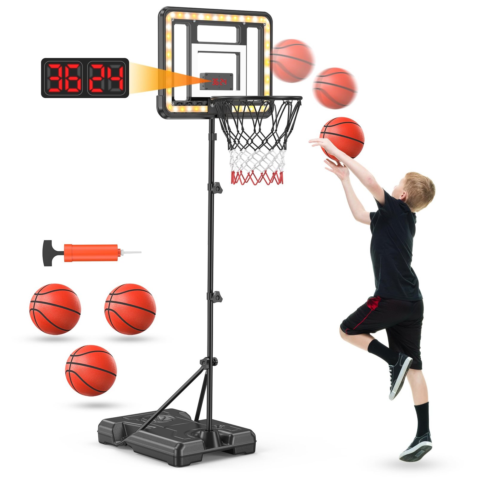Kids Indoor Basketball Hoop with Scoreboard & Timer,Toddler Adjustable Height 3ft-5.8ft Basketball Hoop with Stand Goal Toy for Outdoor Backyard,Sports Game Play for Boys Age 3 4 5 6 7 8