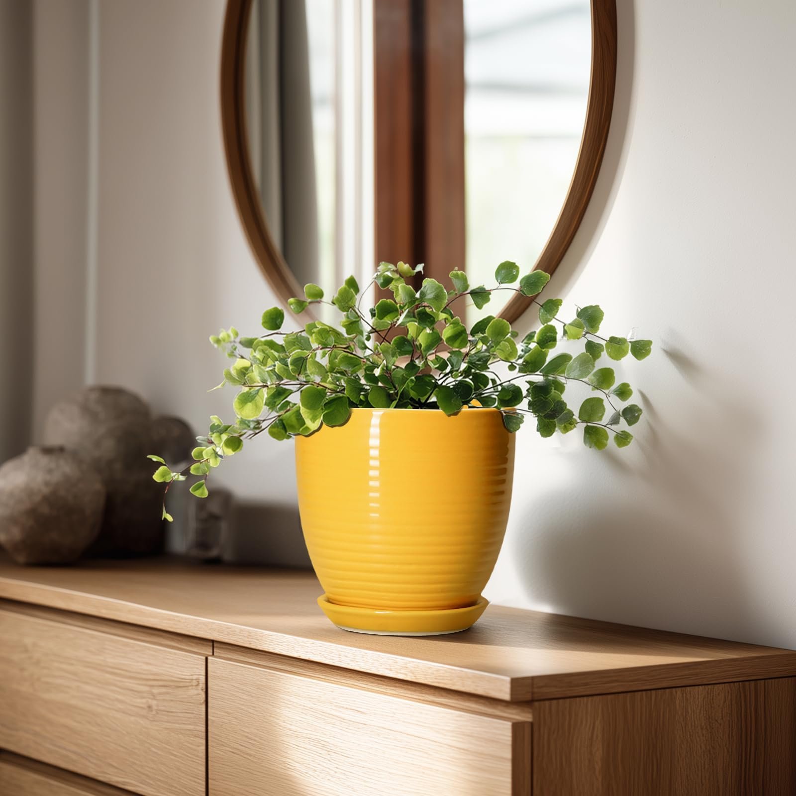 EPFamily Ceramic Pots for Plants - 6 Inch Plant Pot for Indoor Plants, Ceramic Planter with Drainage Hole and Saucer, Round Decorative Flower Pots, Desk Home Decor, Plant Lover Gifts, Glossy-Yellow - Image 3