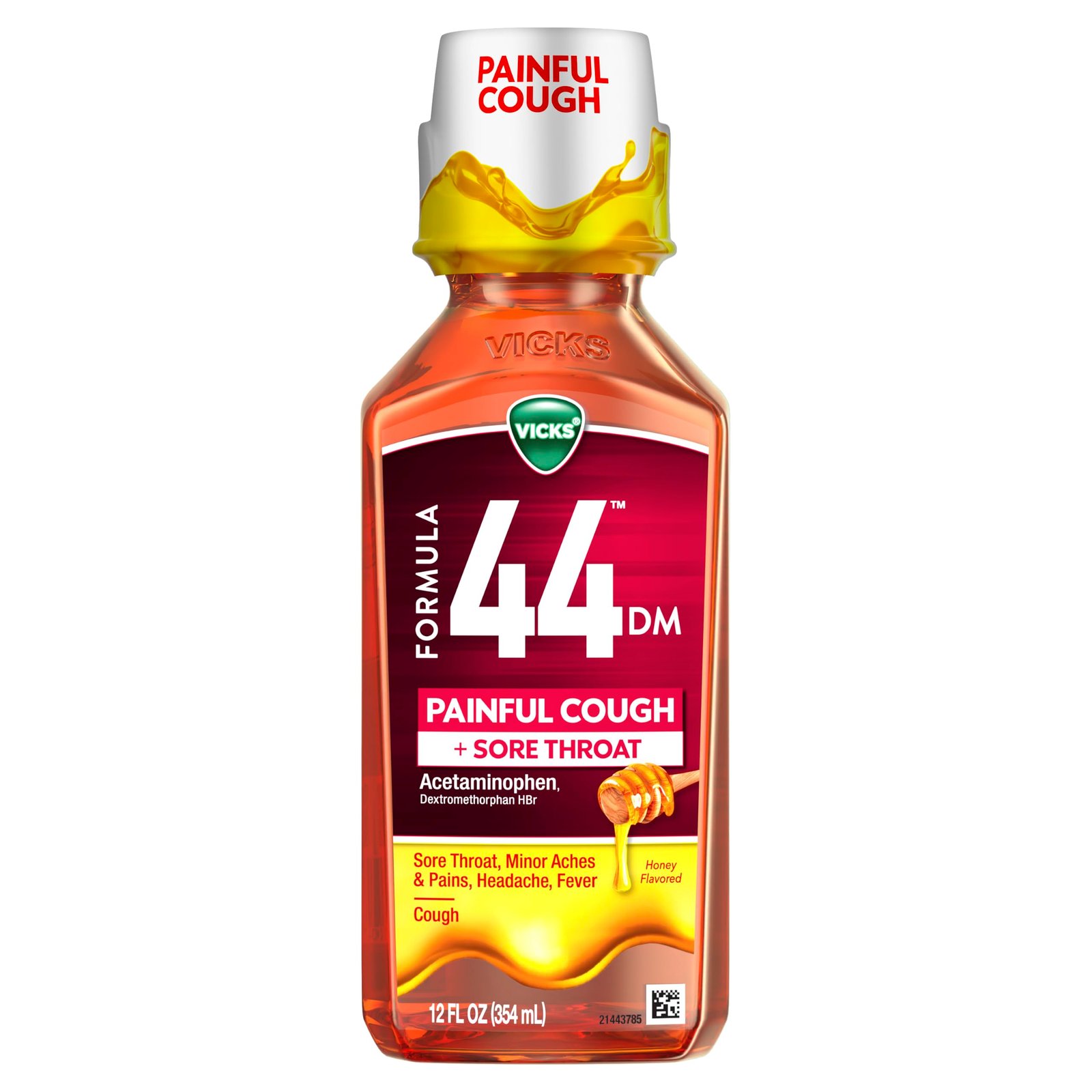 Vicks Formula 44 DM Painful Cough + Sore Throat Liquid, Day or Night, Cough Syrup, Powerful Painful Cough and Sore Throat Relief, Honey Flavored, Adult Cough Medicine, 12 FL OZ - Image 11