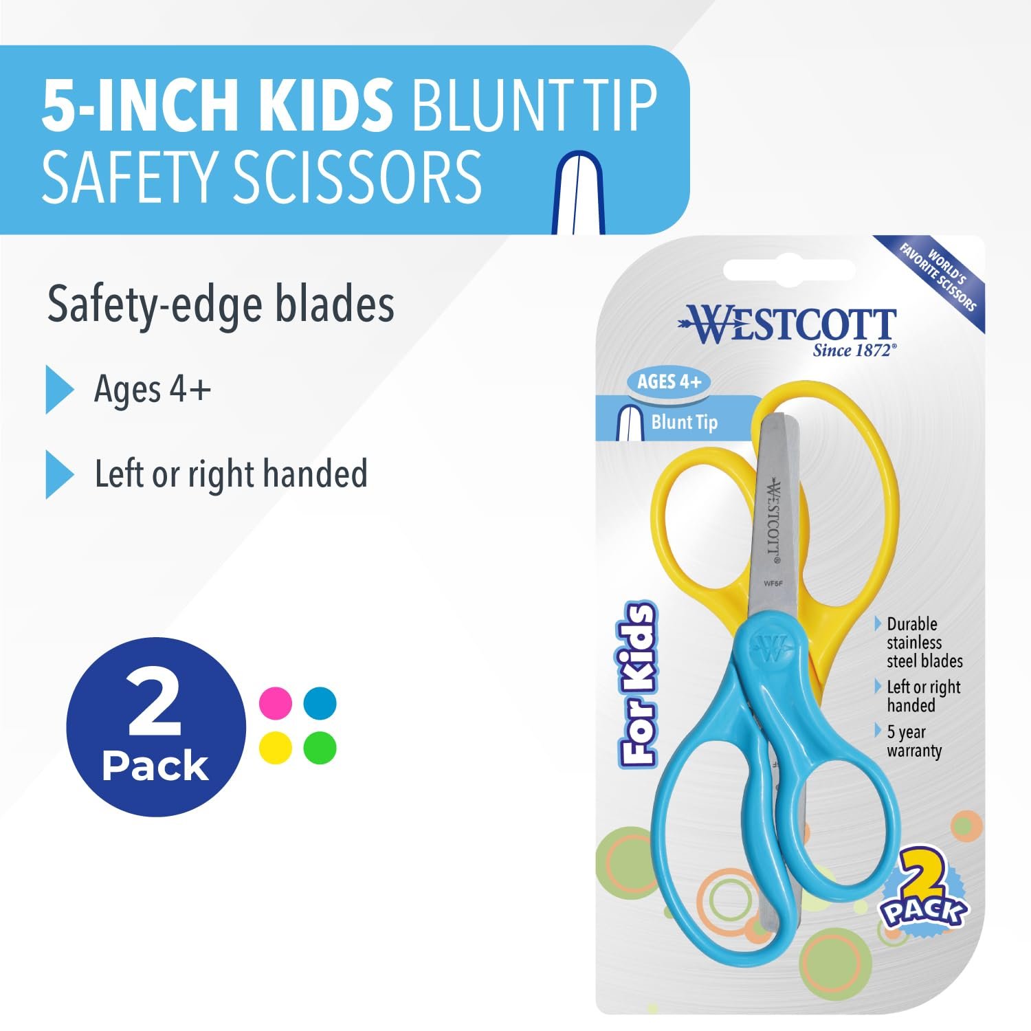 Westcott 5" Hard Handle Kids Scissors, Blunt, Assorted Colors, 2-Pack - Image 2