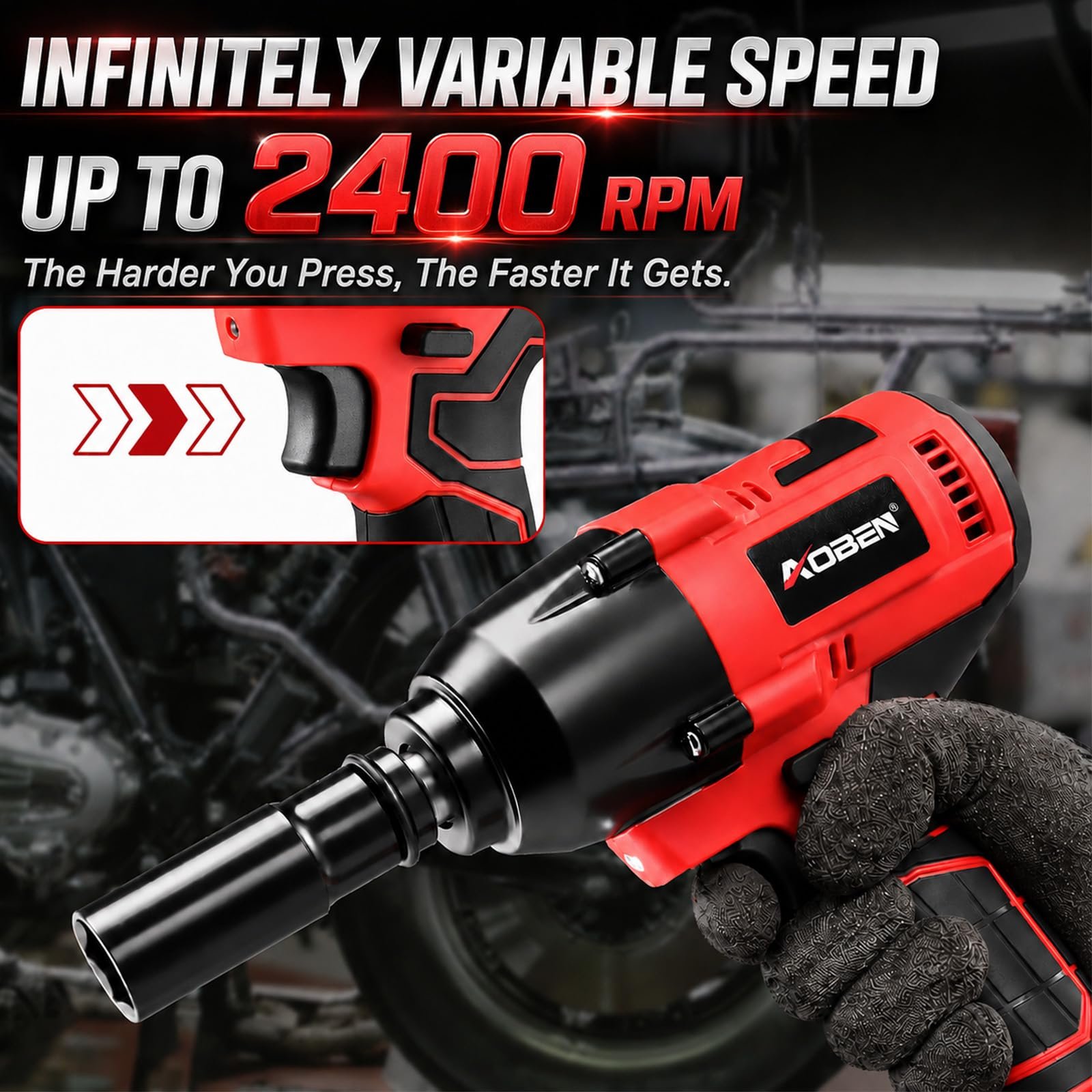 AOBEN Cordless Impact Wrench 1/2 Inch, Power Impact Gun Kit, Max 600N. M/450Ft-lbs High Torque Electric Impact Driver for Car RV Tire, 4.0Ah Battery, Charger, 6 Sockets & Storage Tool Case - Image 3