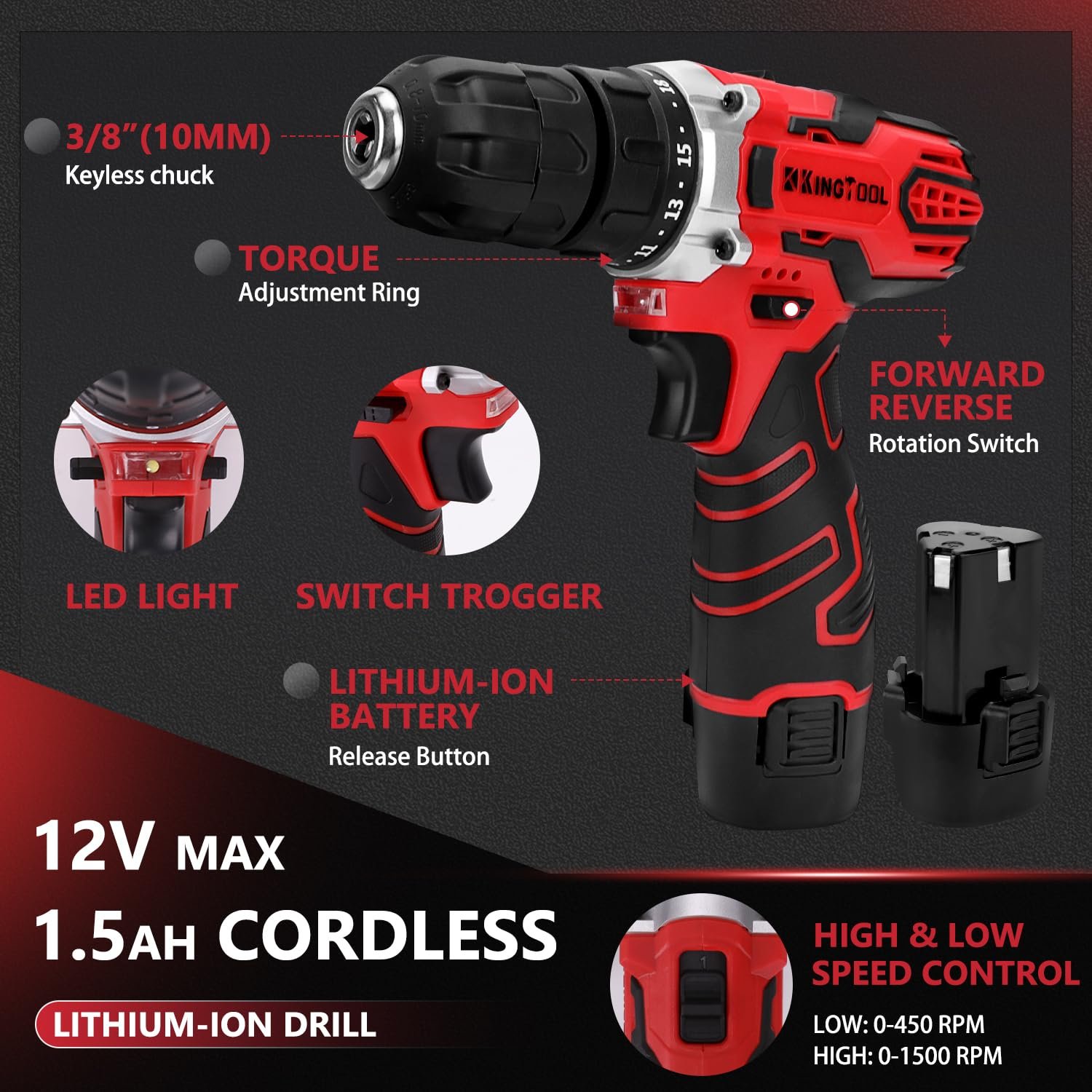 KingTool 276-Piece Tool Set Kit with 12V Cordless Power Drill (Red Black) - Image 4