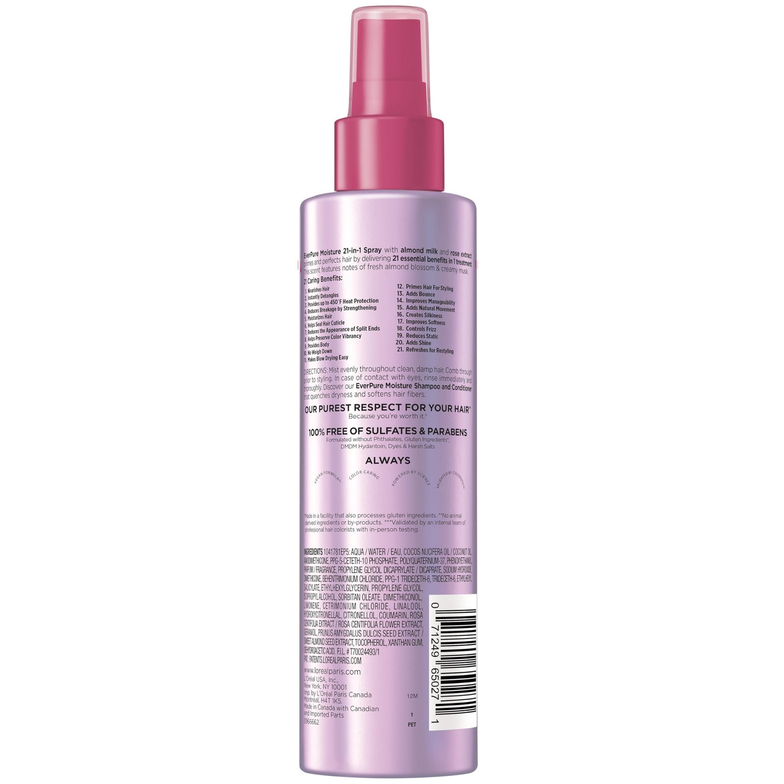 L'Oreal Paris EverPure Moisture 21-in-1 Leave In Conditioner, Multi-Benefit Heat Protectant Spray for Hair Up to 450°F, Detangling Frizz Control for Color Treated, Dry, or Damaged Hair, 6.7 Fl Oz - Image 8