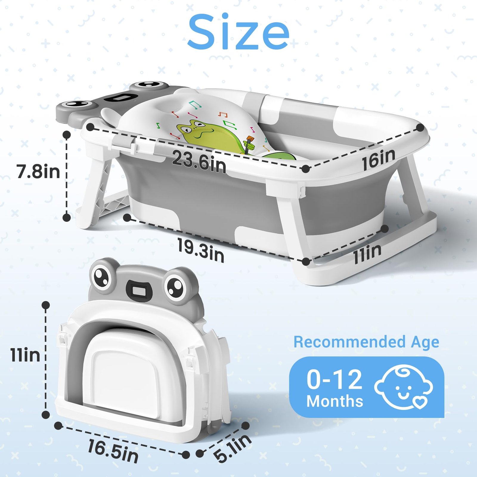 BUNWAG Baby Bathtub, Collapsible Newborn Bathtub for Infant to Toddler with Soft Cushion and Thermometer,Portable Travel Newborn Tub with No-Slip Feet, Baby Shower Gifts, 0-12 Months Baby Bath, Grey - Image 3