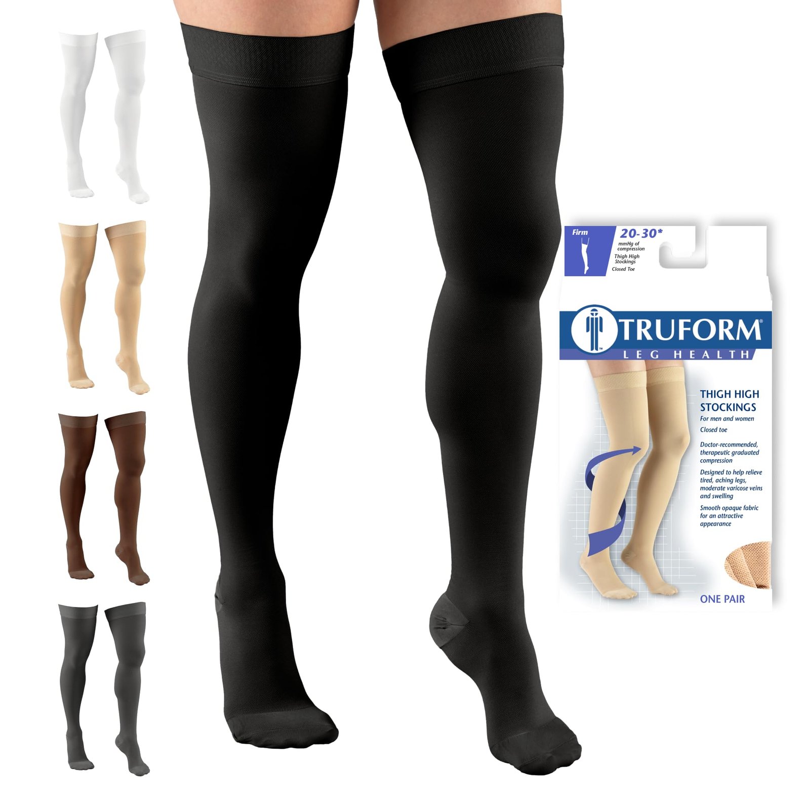 Truform 20-30 mmHg Compression Stockings for Men and Women, Thigh High Length, Dot Top, Closed Toe, Black, Medium