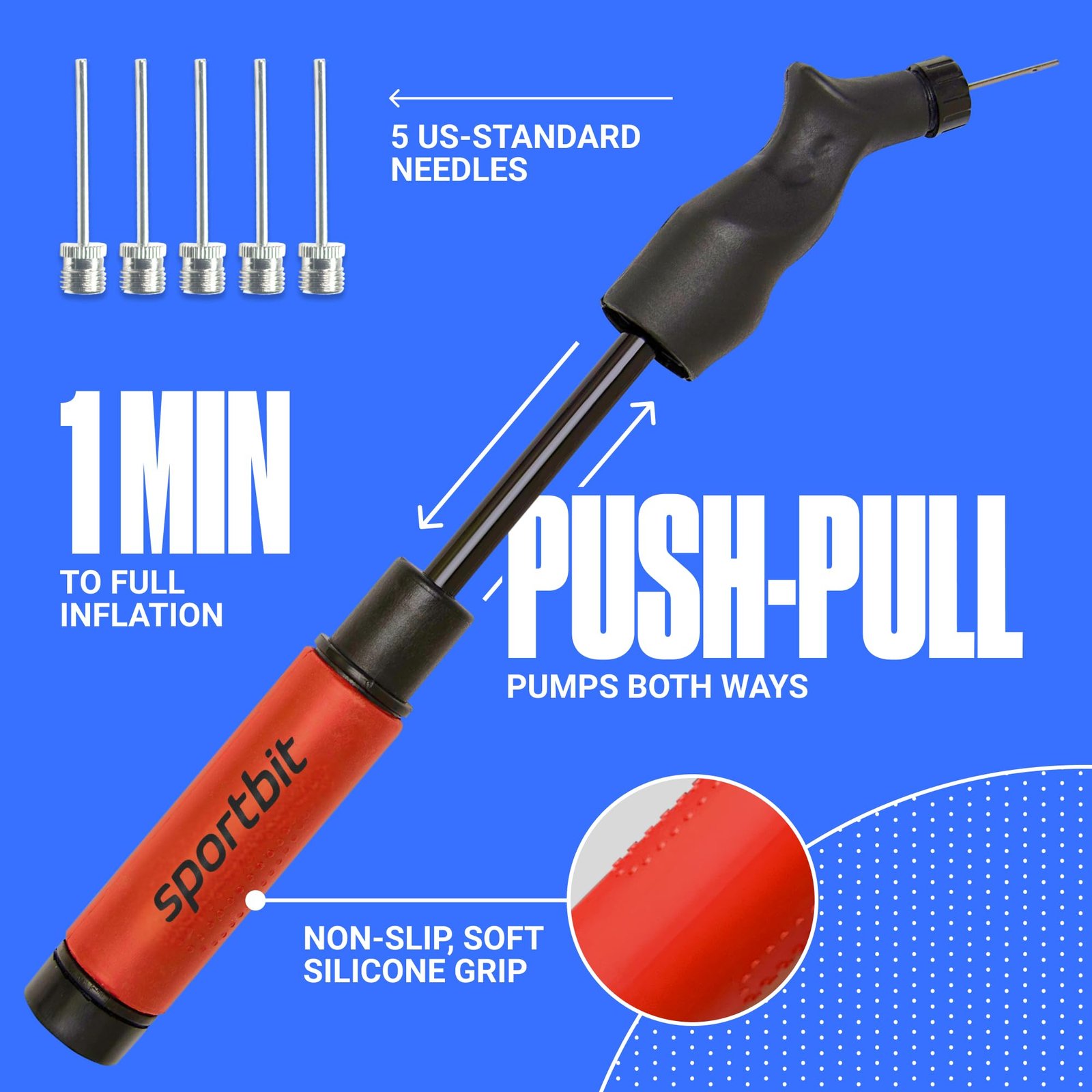 SPORTBIT Ball Pump for Sports Balls, Push & Pull System, Red - Image 3
