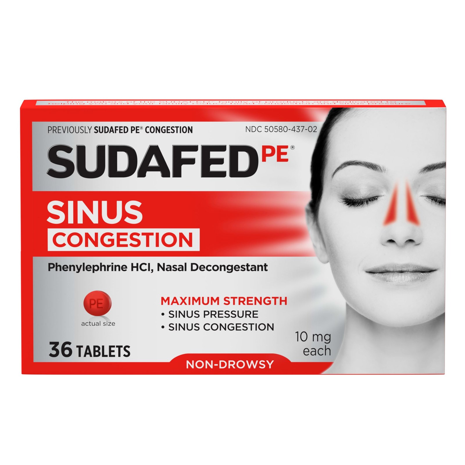 Sudafed PE Sinus Congestion Relief Tablets, 10 mg Phenylephrine HCI, 36 Ct