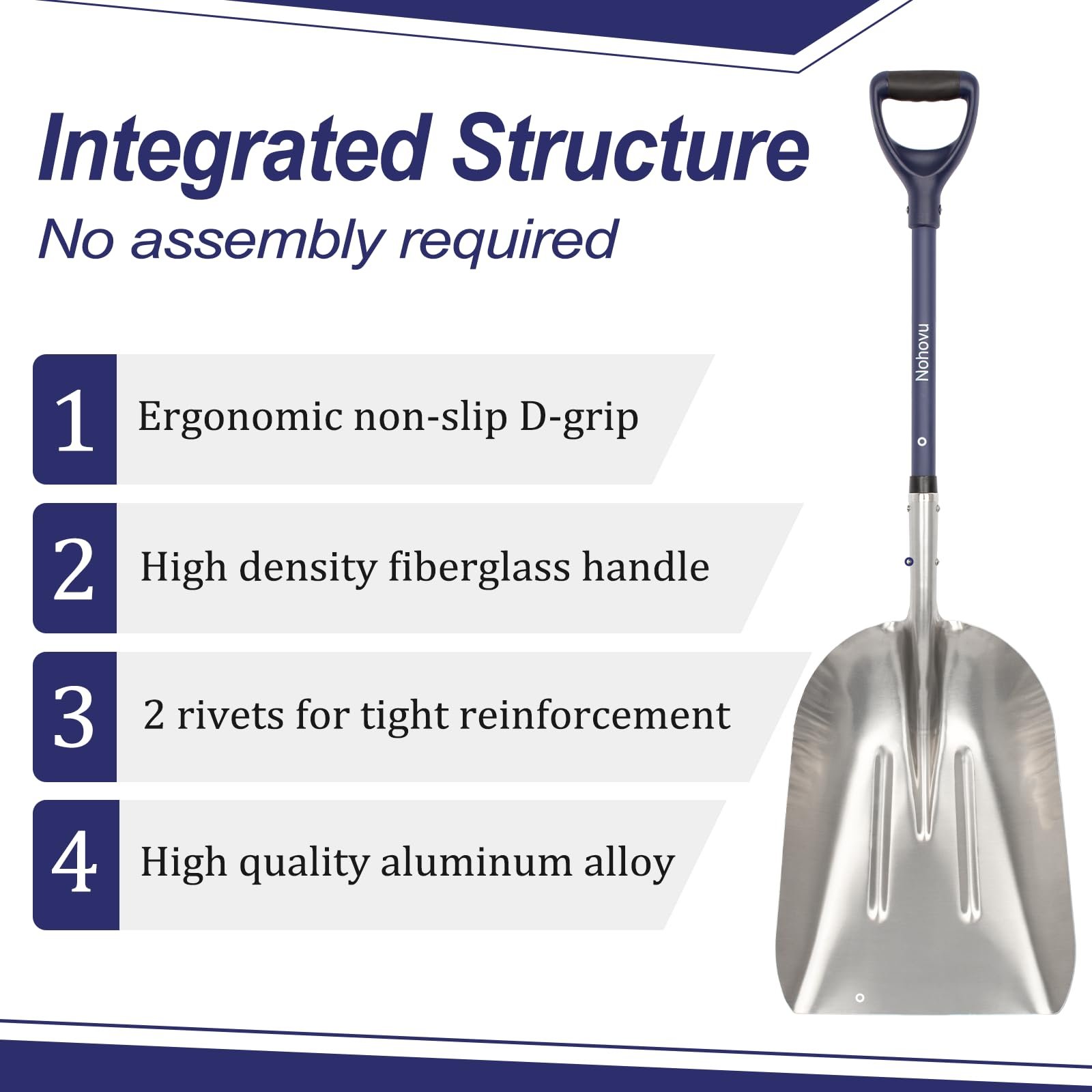 Nohovu Aluminum Snow Shovel - Large Capacity Driveway Snow Removal Tool, Fiberglass D-Handle, 45 Inch Blade - Image 4