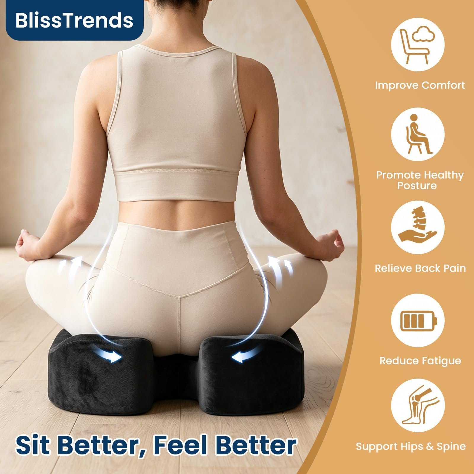 BlissTrends Memory Foam Seat Cushion for Office Chair & Car Seat, Black - Image 3