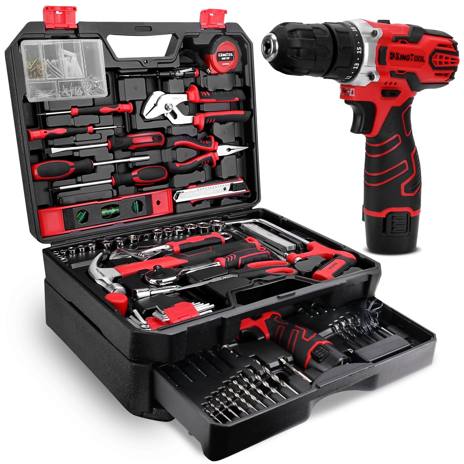 KingTool 276-Piece Tool Set Kit with 12V Cordless Power Drill (Red Black)