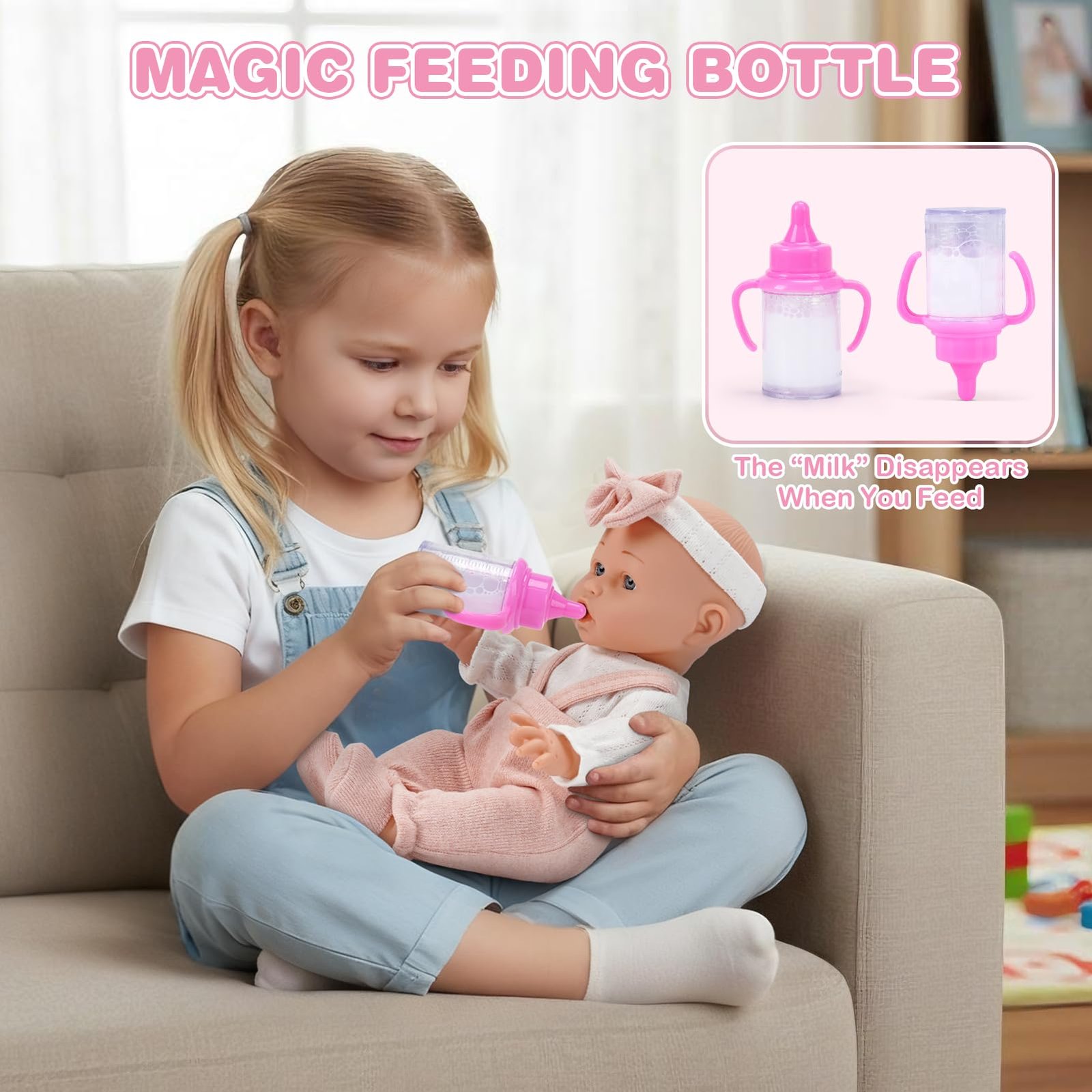 Dreamon Baby Doll Set 12" Baby Doll with Feeding & Caring Accessories, Pink - Image 4