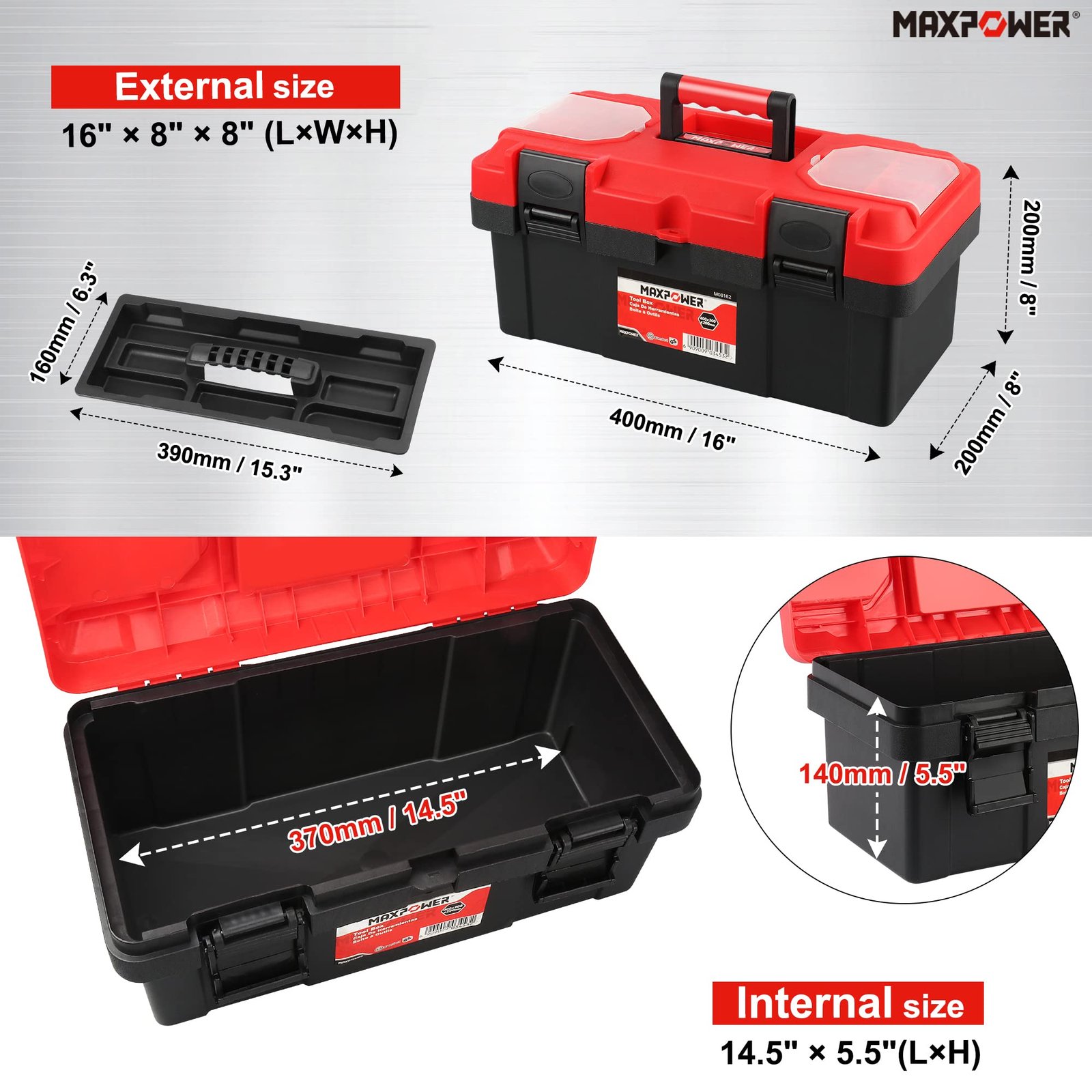 MAXPOWER Tool Box 16 inch, Plastic Small Tool Box with Latch Removable Tray - Image 2