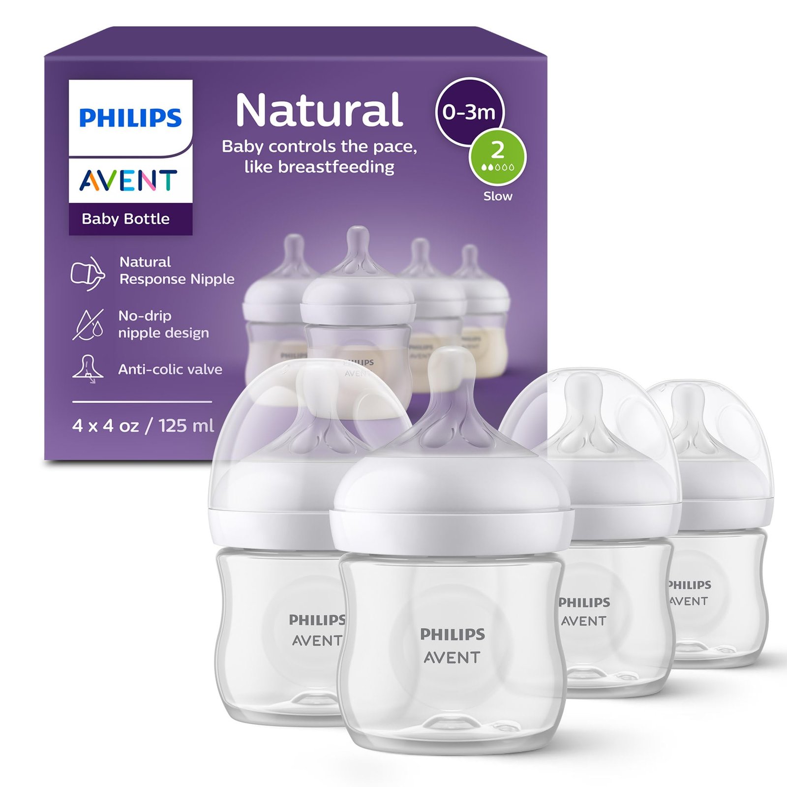 Philips Avent Natural Baby Bottles, Slow Flow, 4 oz, BPA-Free, 4-Pack