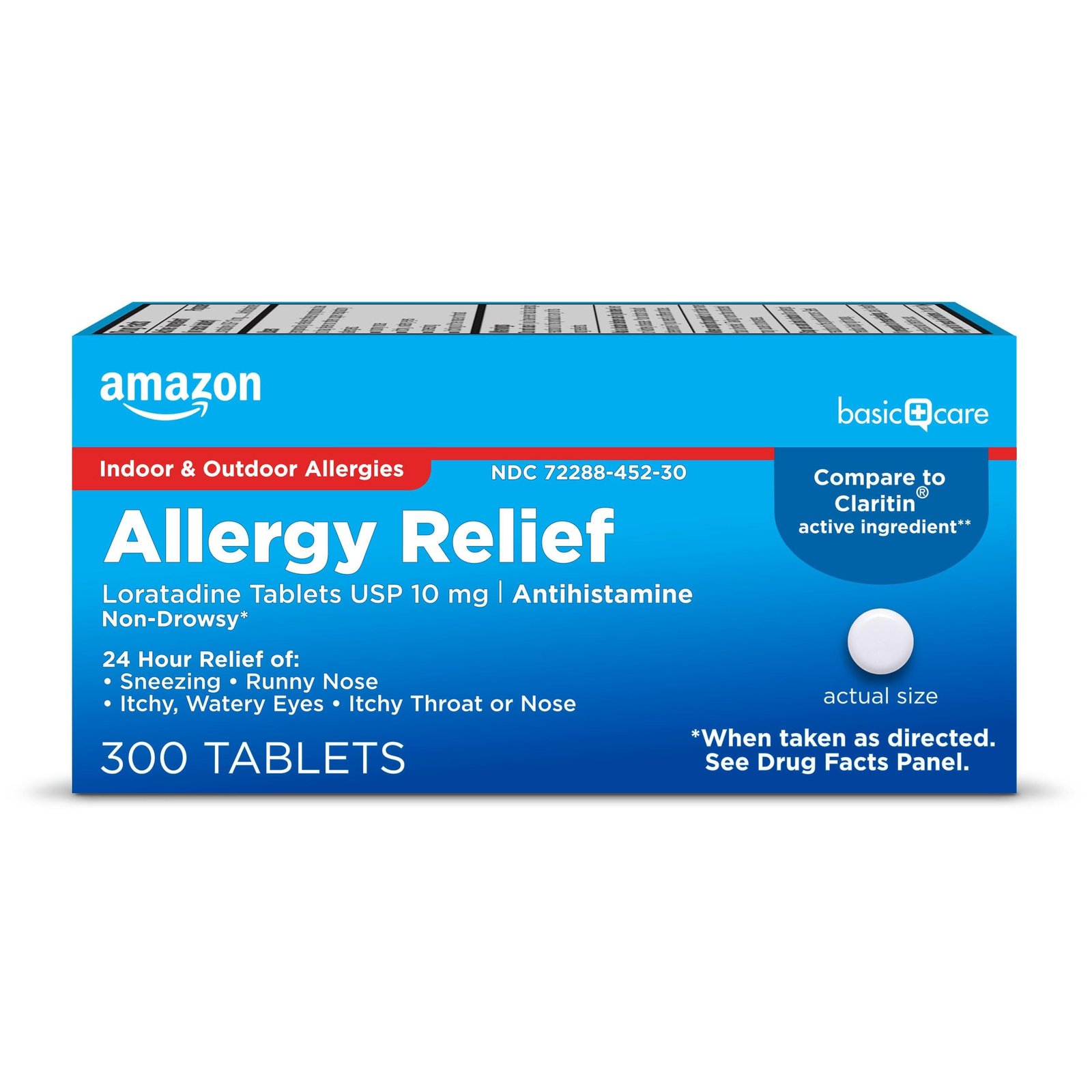 Amazon Basic Care Allergy Relief Loratadine Tablets 10 mg, 24-Hour Non-Drowsy Antihistamine for Runny Nose, Sneezing, Itchy Eyes, 300 Count (Packaging may vary)