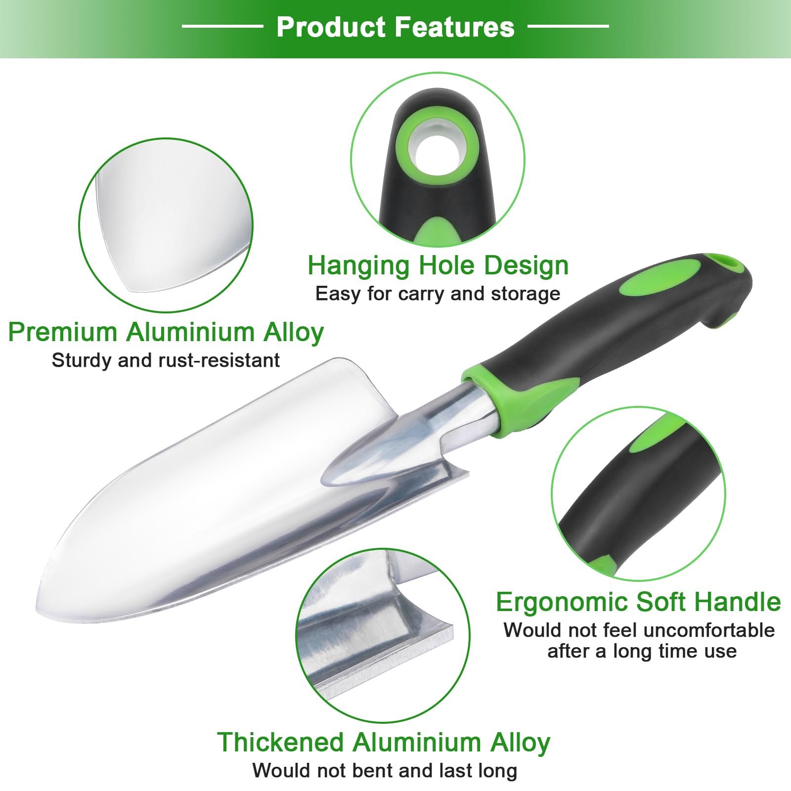 Garden Tools Set, 3 Pack Garden Shovel, Transplant Trowel, Hand Rake Green - Image 3