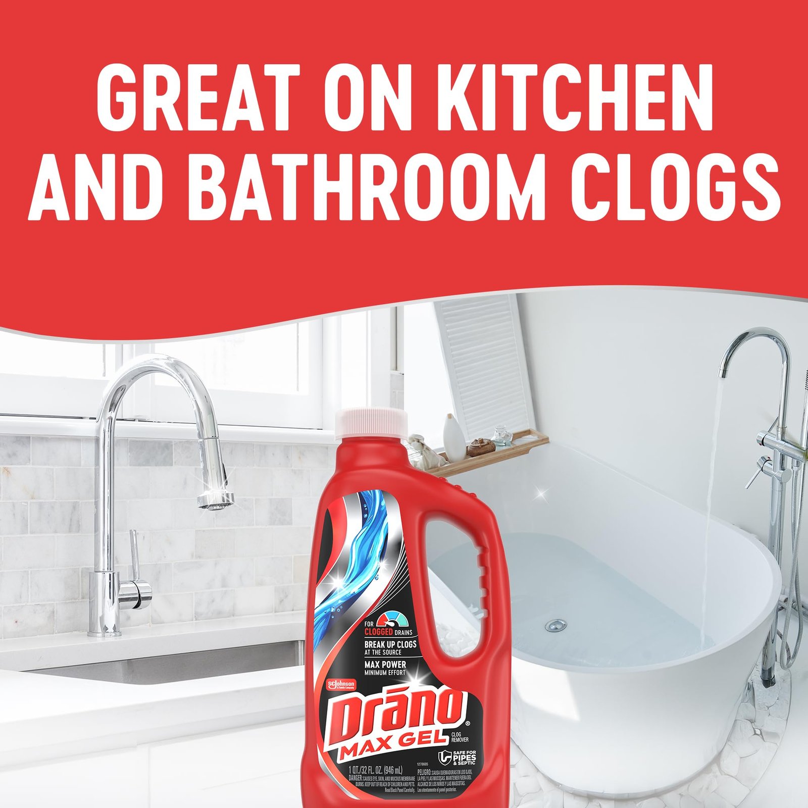 Drano Max Gel Drain Clog Remover & Cleaner, Safe for All Pipes/Septic, 32oz - Image 7