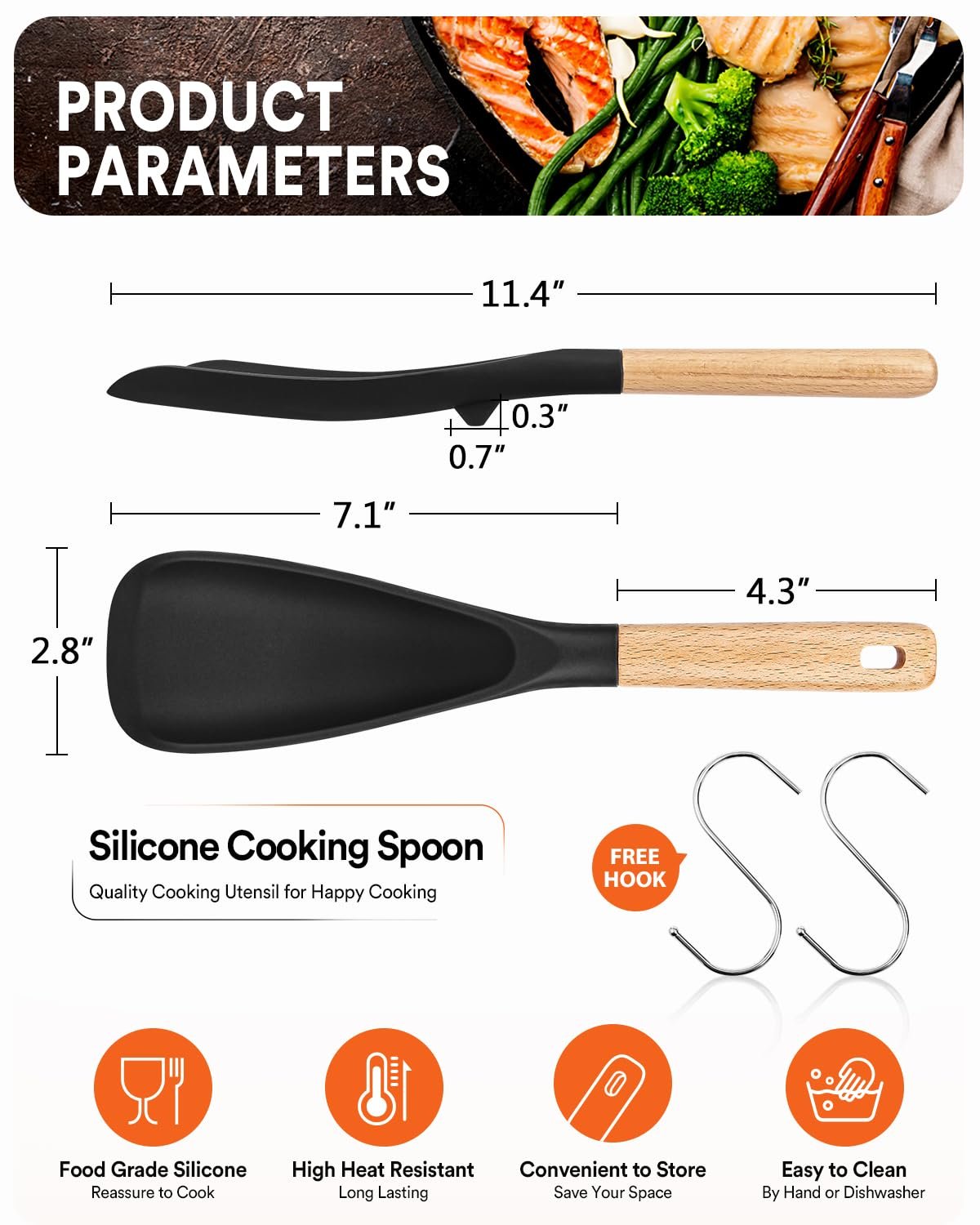Badiano Silicone Cooking Spoon for Nonstick Cookwares, Multi-function,11.4" - Image 2