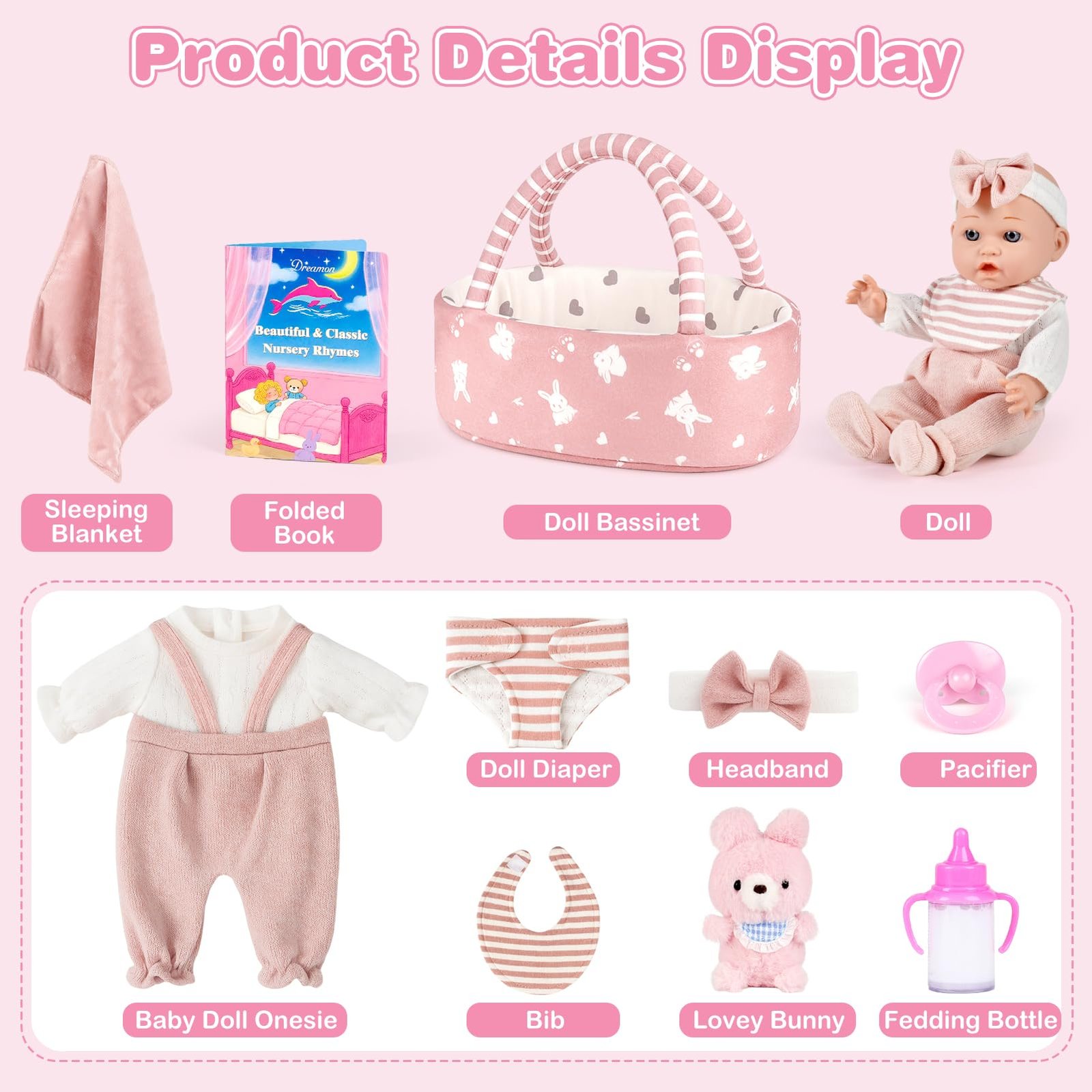 Dreamon Baby Doll Set 12" Baby Doll with Feeding & Caring Accessories, Pink - Image 2