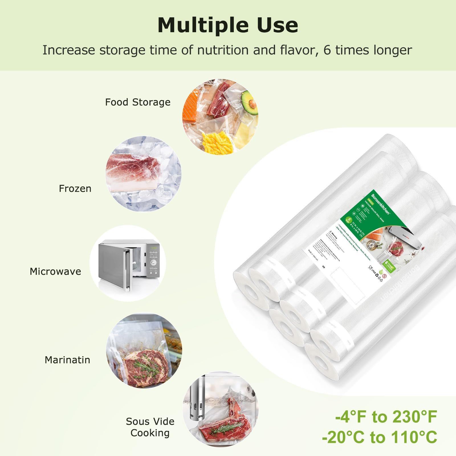 Bonsenkitchen Vacuum Sealer Rolls Bags, 3 Rolls 11"x 16' + 3 Rolls 8"x 16' - Image 5