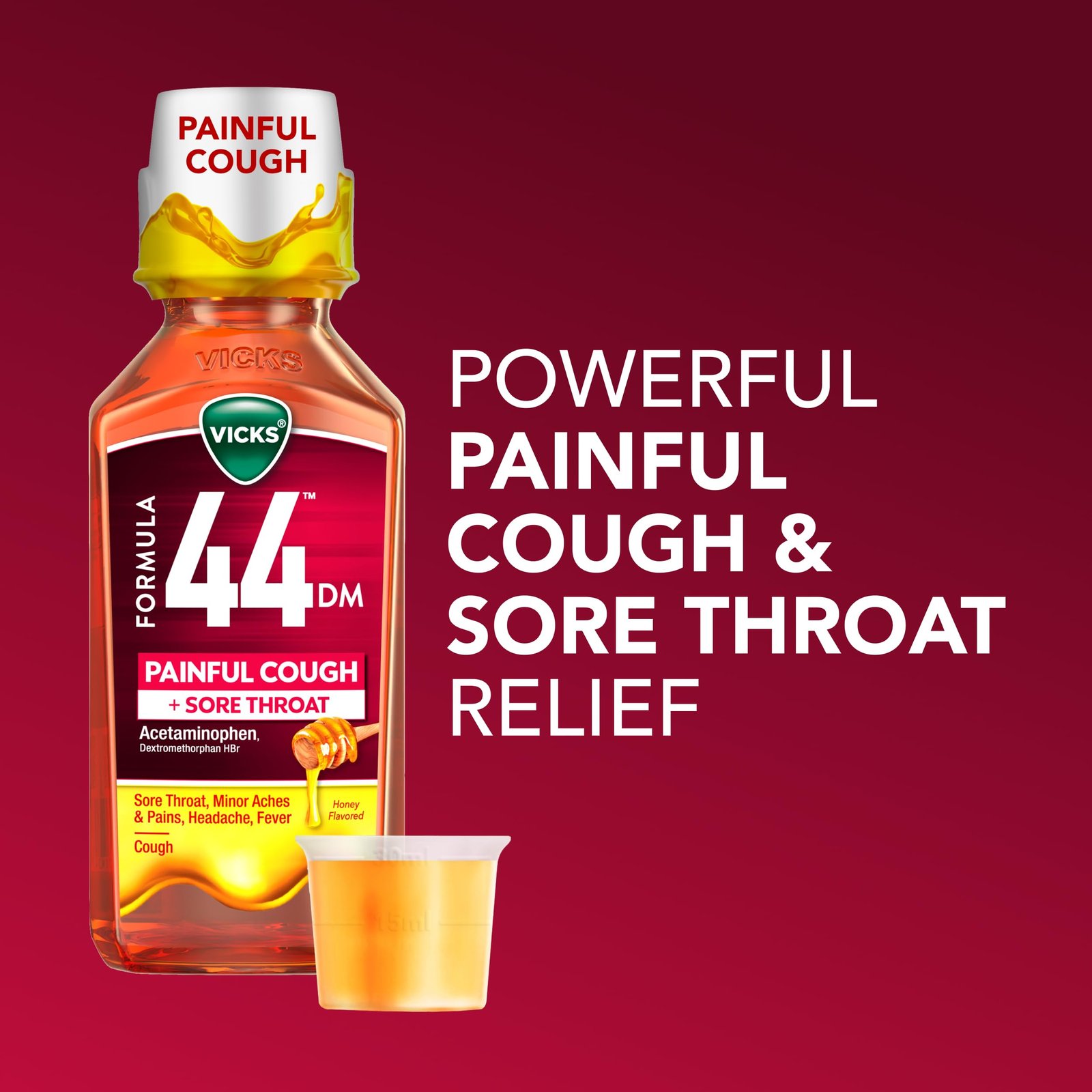 Vicks Formula 44 DM Painful Cough + Sore Throat Liquid, Day or Night, Cough Syrup, Powerful Painful Cough and Sore Throat Relief, Honey Flavored, Adult Cough Medicine, 12 FL OZ - Image 2
