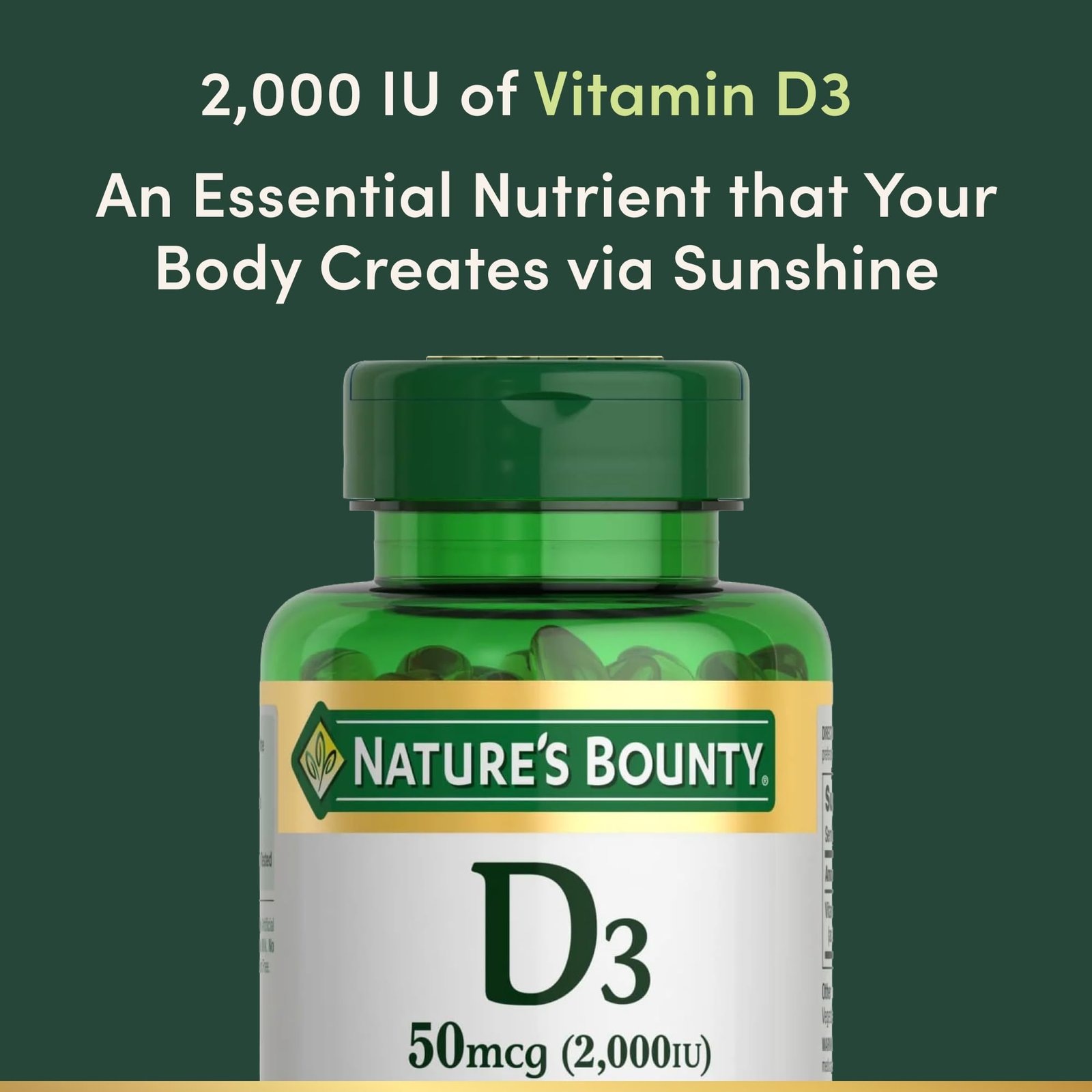 Nature's Bounty Vitamin D3 2000 IU Essential for Healthy Bones 350 Softgels - Image 3