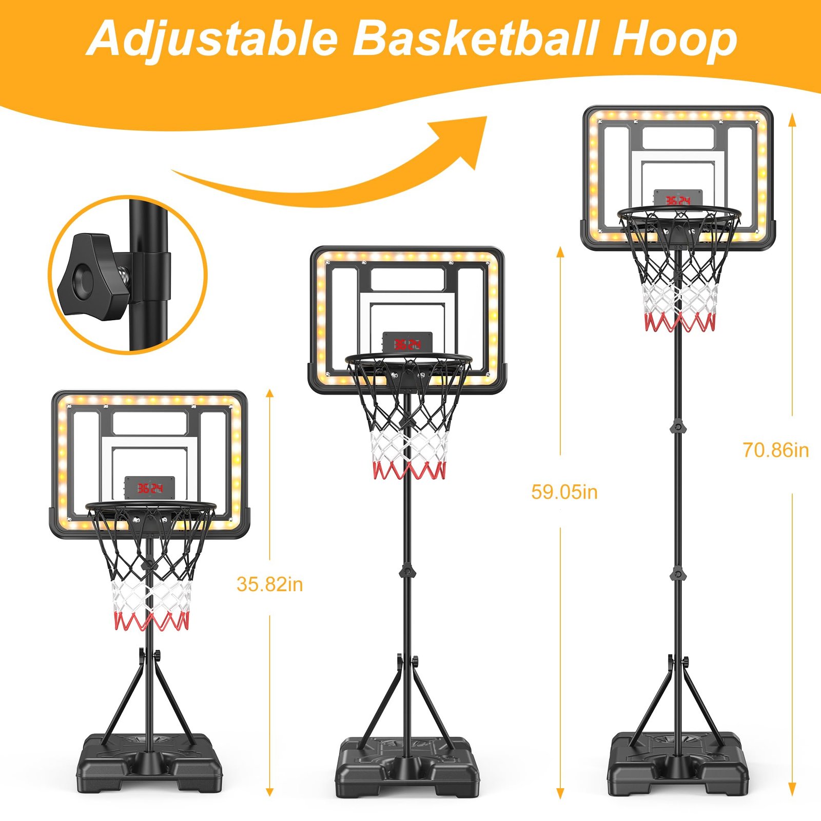 Kids Indoor Basketball Hoop with Scoreboard & Timer,Toddler Adjustable Height 3ft-5.8ft Basketball Hoop with Stand Goal Toy for Outdoor Backyard,Sports Game Play for Boys Age 3 4 5 6 7 8 - Image 5