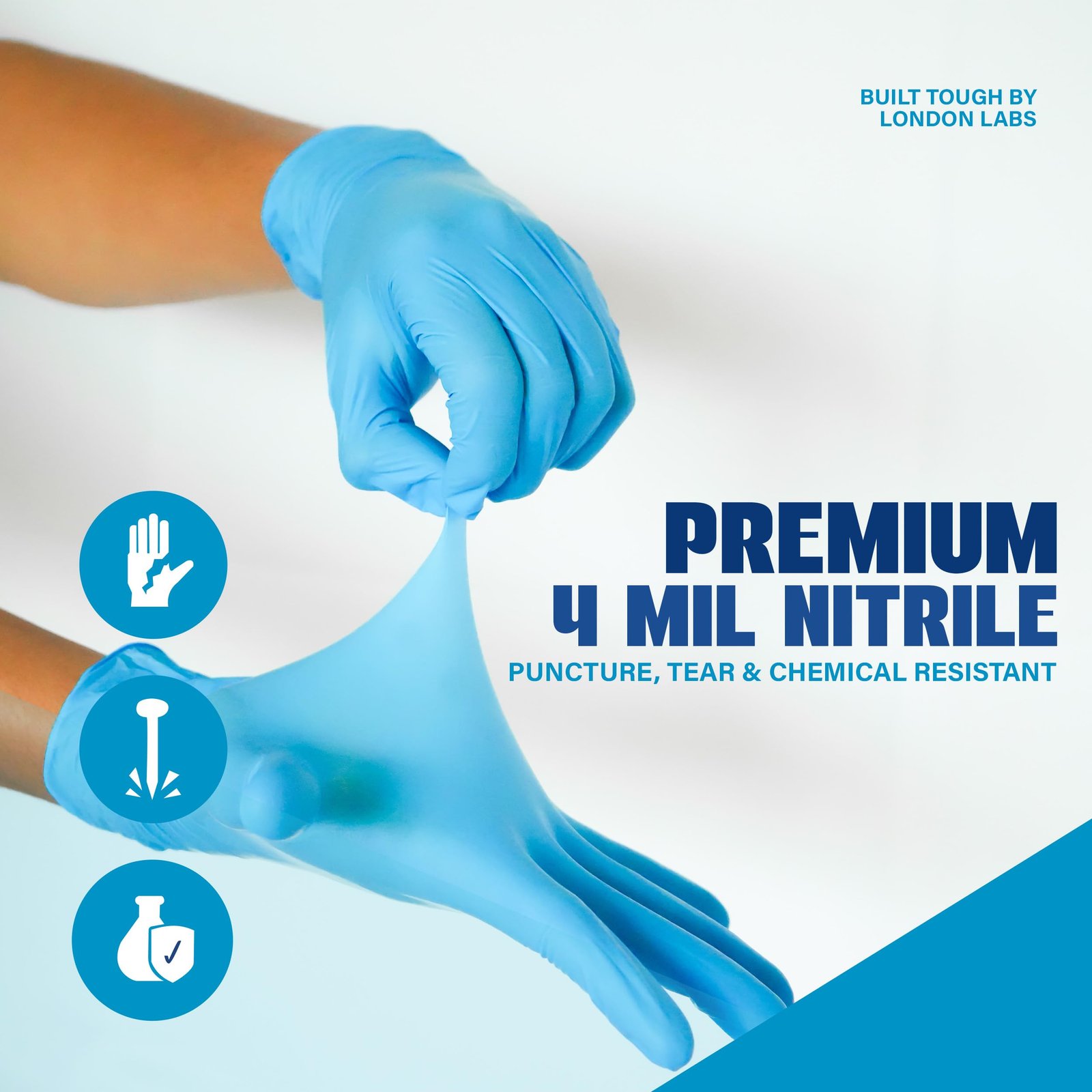 London Labs Synsafe 4 Mil - Blue Nitrile Exam Gloves –Disposable Latex Free & Powder Free – Extra Strong, Rubber Gloves – First Aid Kit, Medical, EMT, Cleaning, Cooking | Pack of (100 ct) - Image 2