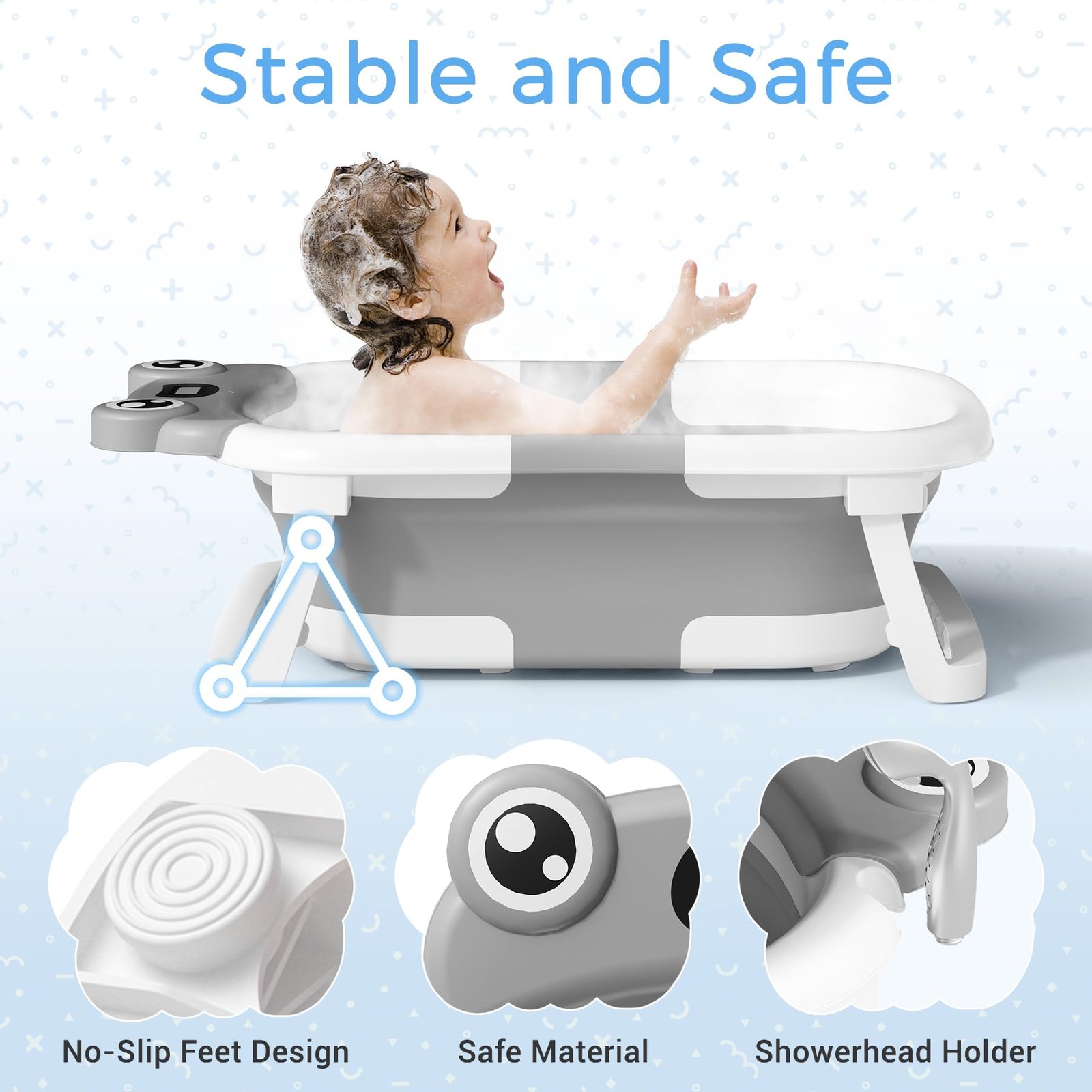 BUNWAG Baby Bathtub, Collapsible Newborn Bathtub for Infant to Toddler with Soft Cushion and Thermometer,Portable Travel Newborn Tub with No-Slip Feet, Baby Shower Gifts, 0-12 Months Baby Bath, Grey - Image 2