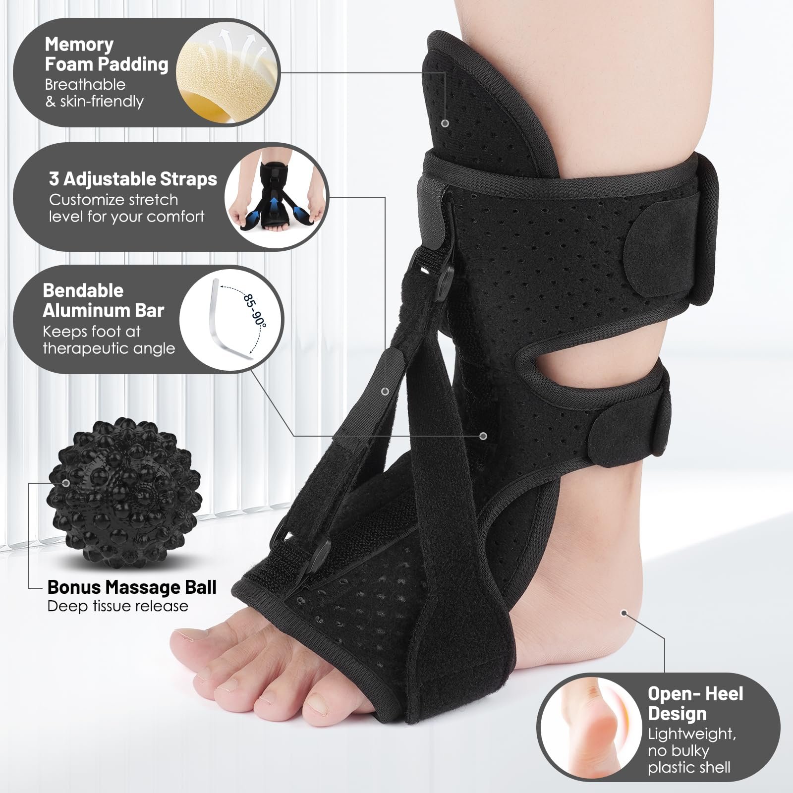 KOVELYSSE Plantar Fasciitis Night Splint with Massage Ball, 2-in-1 Recovery Kit for Morning Pain Relief, Adjustable Foot Brace for Sleeping, Achilles Tendonitis Heel Spur Support, Fits Women Men Black - Image 5