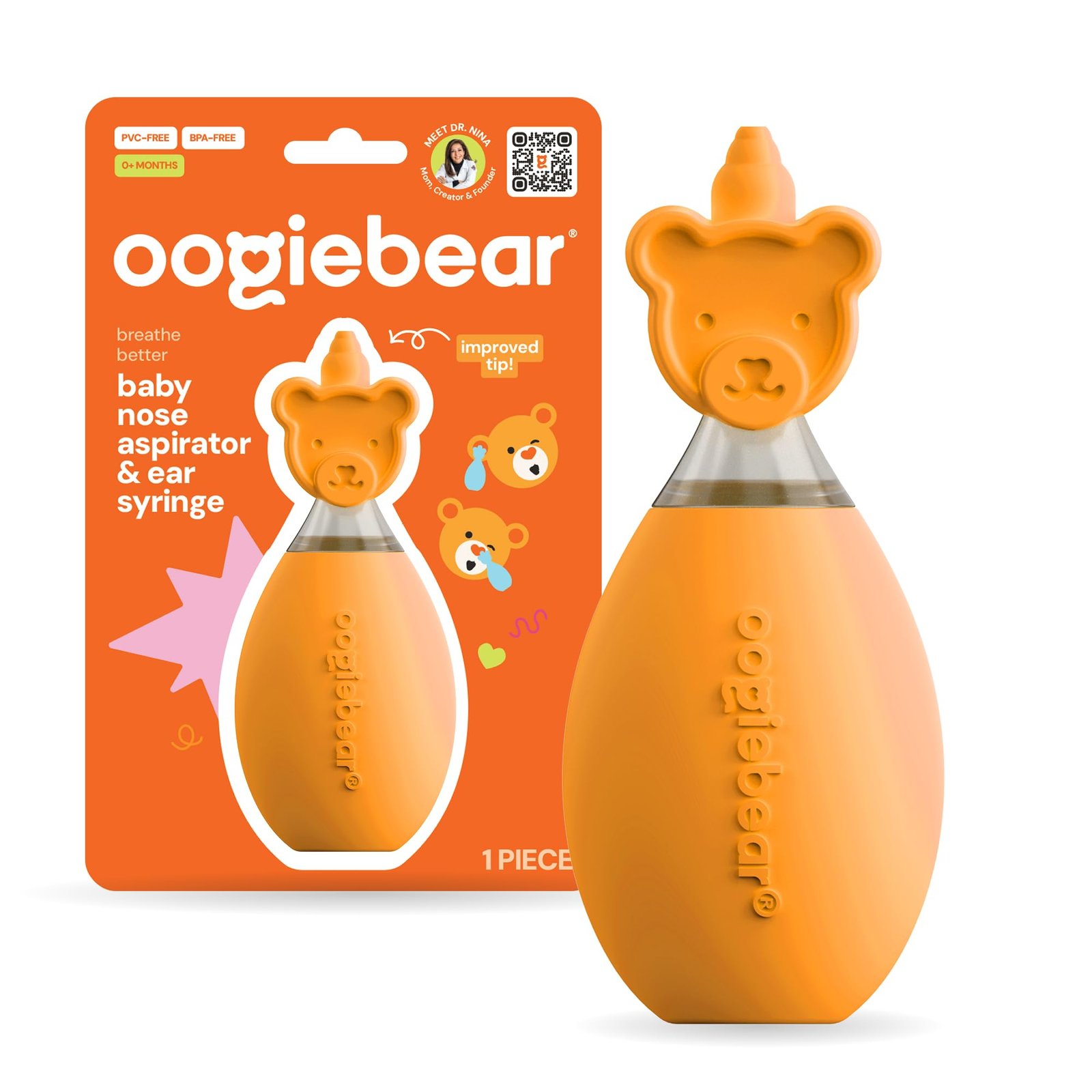 oogiebear Baby Nose Aspirator & Ear Syringe, Manual Strong-Suction, Orange