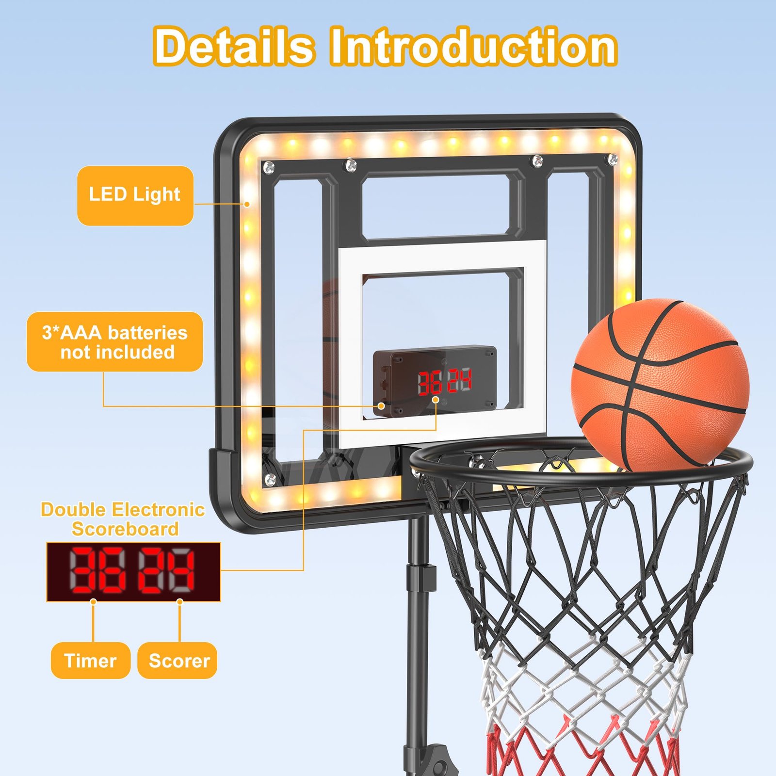Kids Indoor Basketball Hoop with Scoreboard & Timer,Toddler Adjustable Height 3ft-5.8ft Basketball Hoop with Stand Goal Toy for Outdoor Backyard,Sports Game Play for Boys Age 3 4 5 6 7 8 - Image 6
