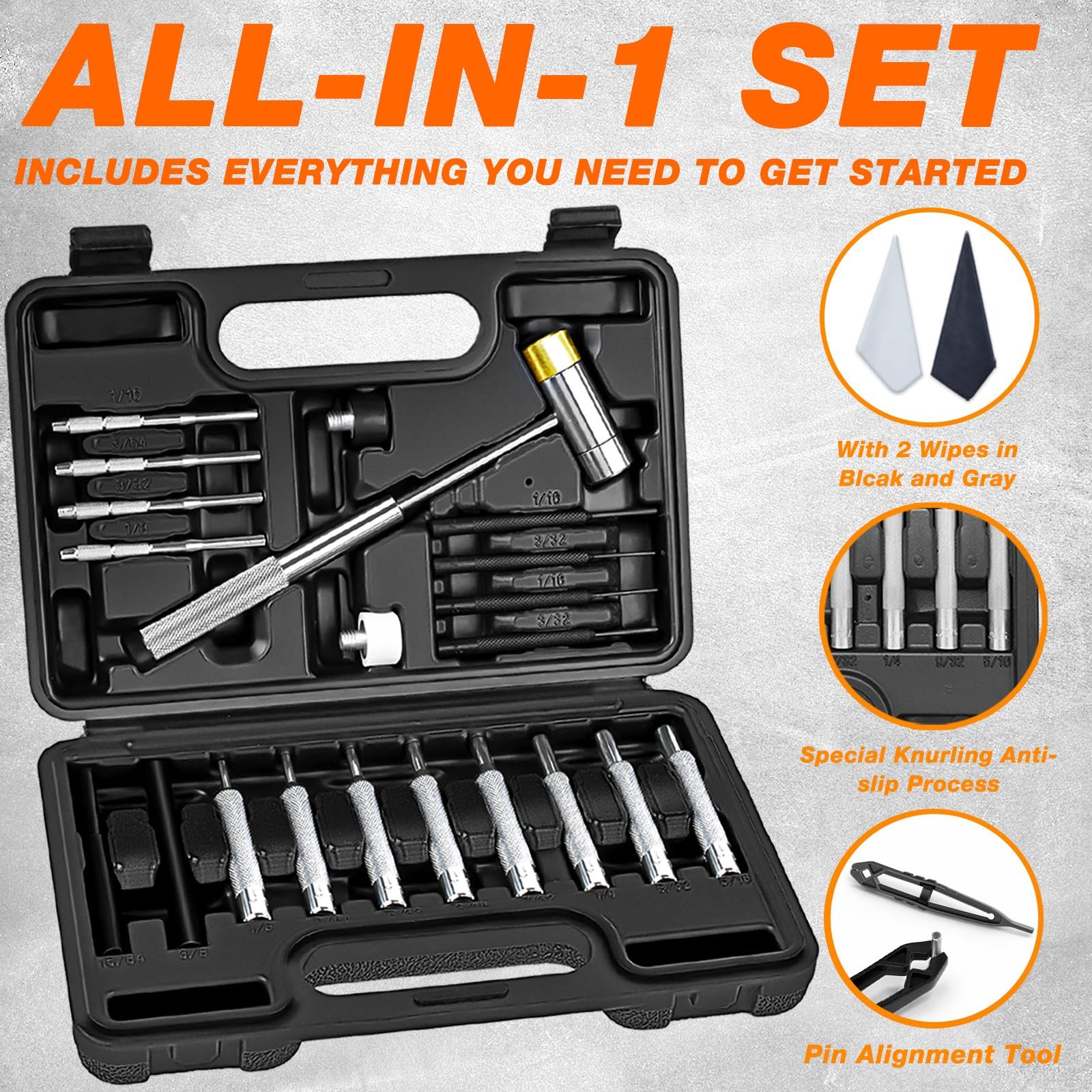 BESTNULE 26pc Roll Pin Punch Set with Bench Block & Pivot Pin Tool & Hammer - Image 9